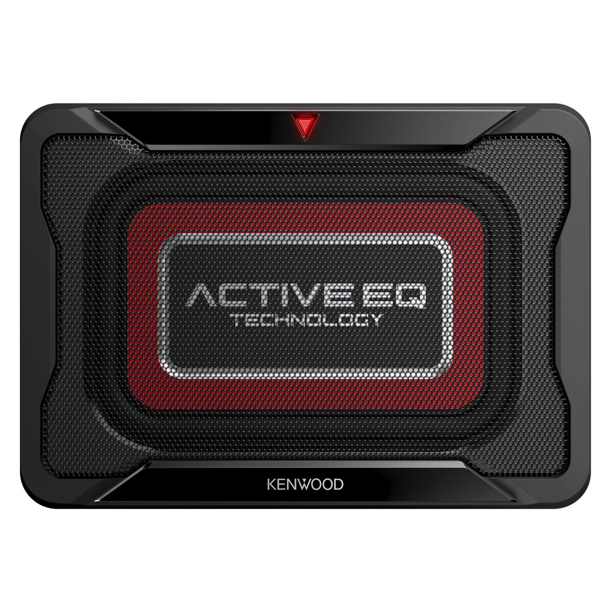 Ein schwarzer Auto-Subwoofer mit roter Mitte und Active EQ-Technologie wird gezeigt.
