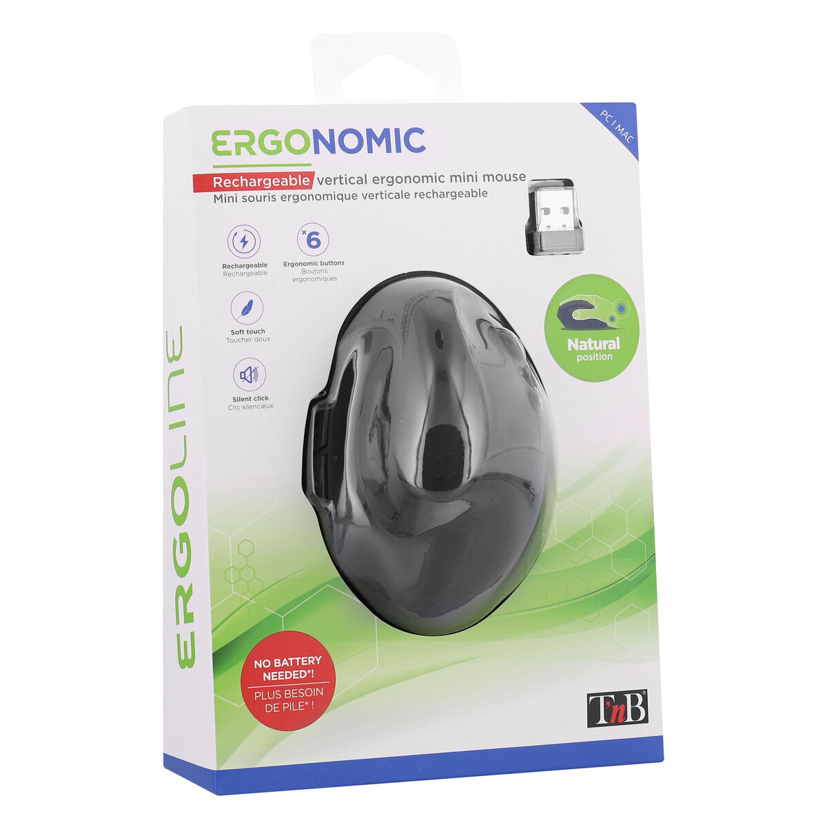 Un mini mouse ergonomico verticale nella sua confezione. La confezione include le funzionalità.