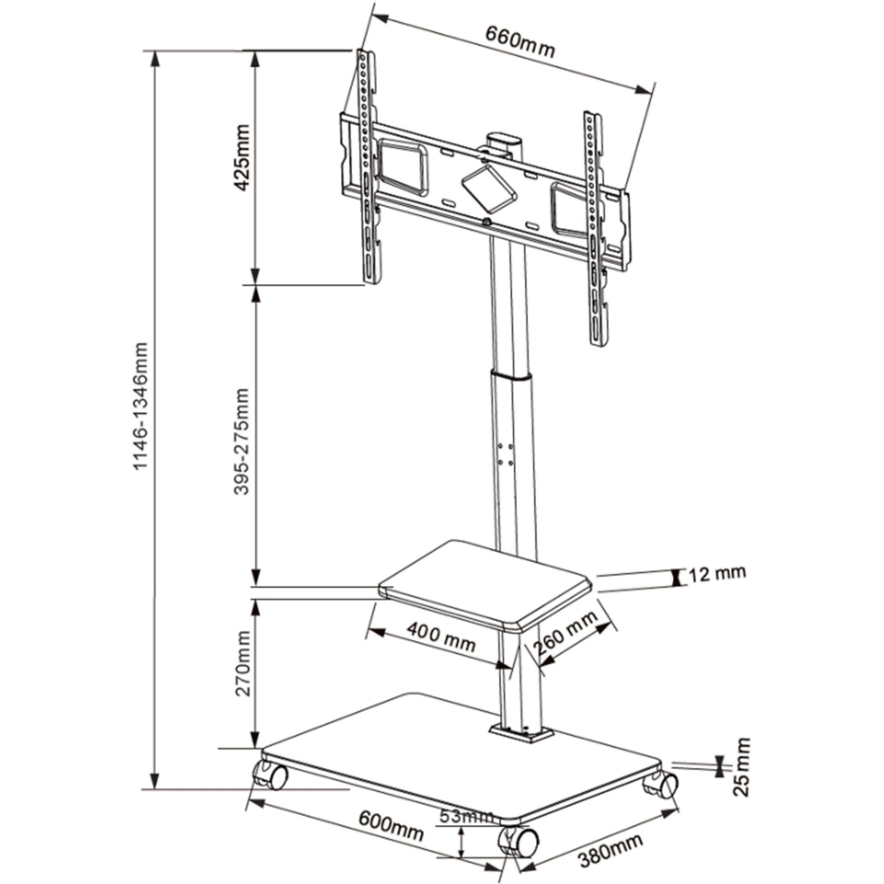Dessin technique d'un support TV, montrant les dimensions en mm et les composants.