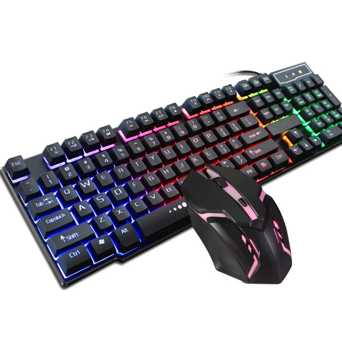 Schwarze Gaming-Tastatur und -Maus mit bunten Lichtern.