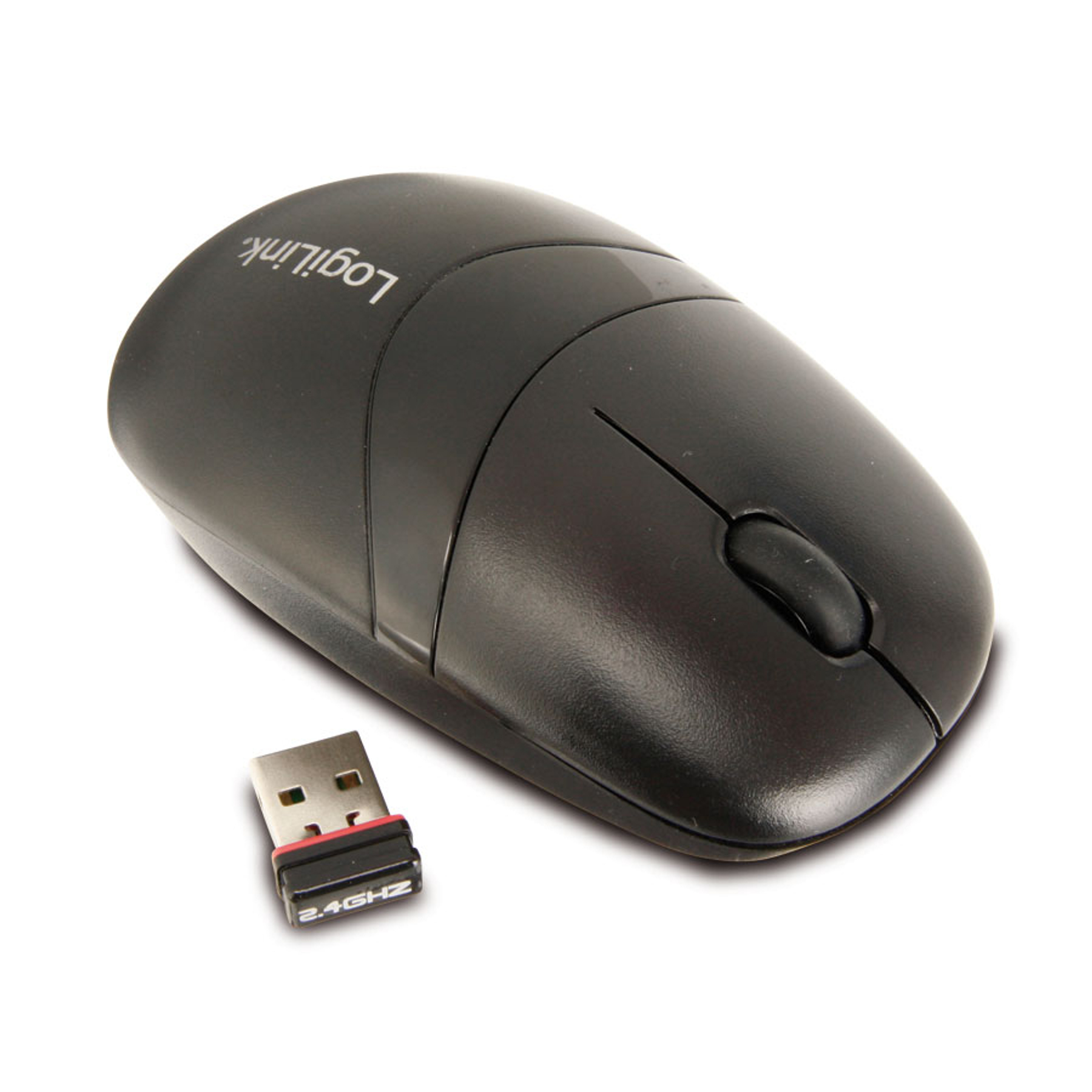 Mouse wireless nero e un piccolo ricevitore USB. Il mouse ha una rotella di scorrimento.