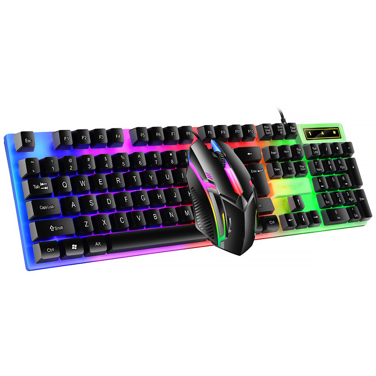 Eine regenbogenfarbene Tastatur und Maus. Die Tastatur hat mehrfarbige Tasten.