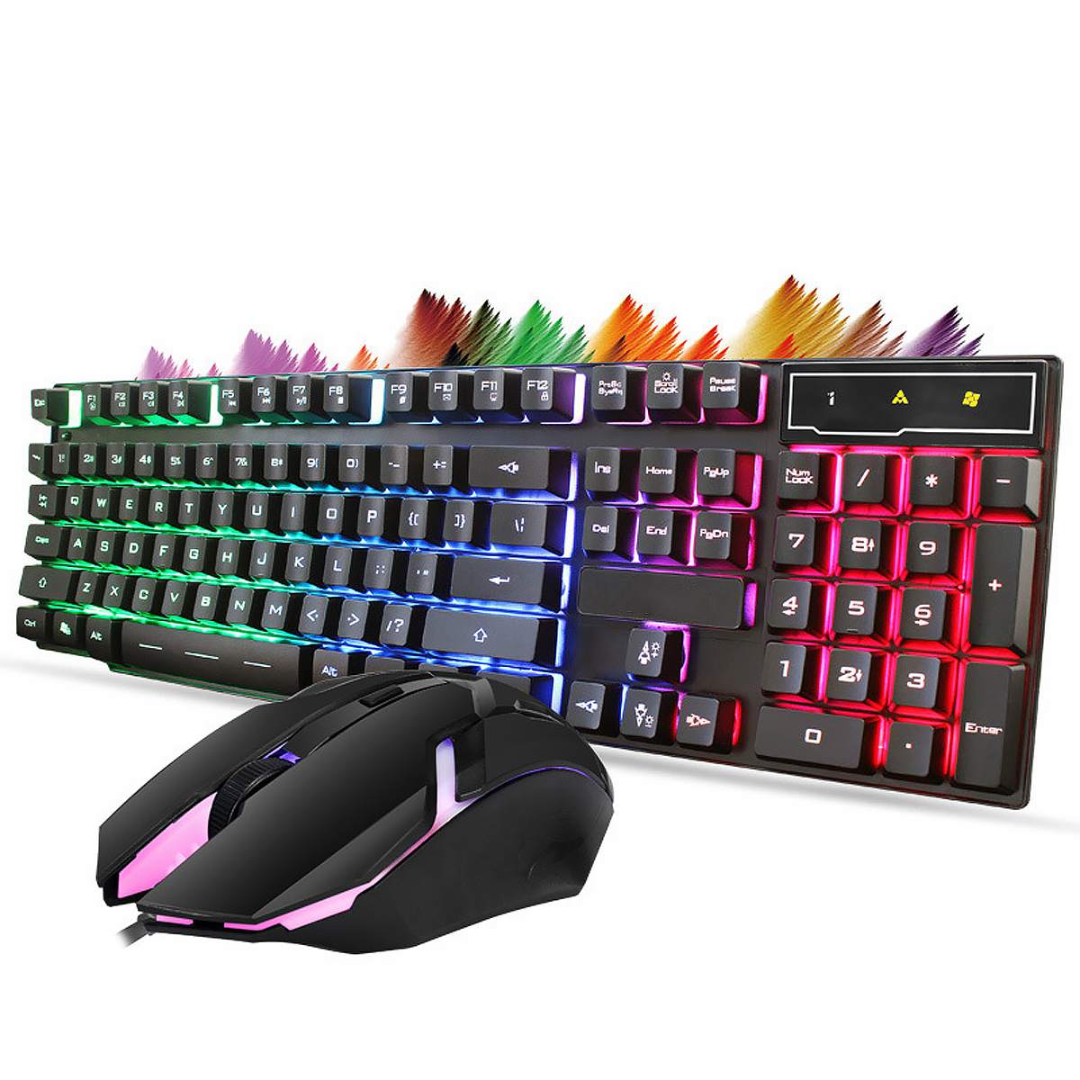 Ein schwarzes Gaming-Tastatur- und Maus-Set mit bunter RGB-Beleuchtung. Die Tastatur ist groß.