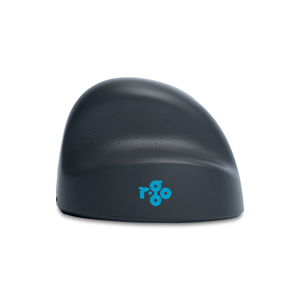 Dunkelgraue ergonomische Stuhlunterstützung mit blauem Logo. Es ist auf weißem Hintergrund platziert.