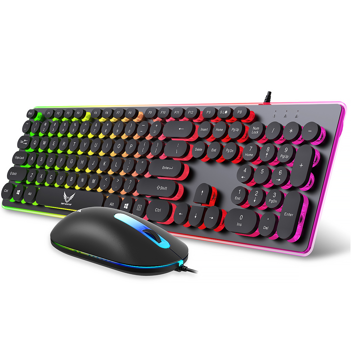 Eine bunte, hintergrundbeleuchtete Tastatur und Maus-Kombi. Die Tastaturtasten sind schwarz und die Maus ist schwarz.