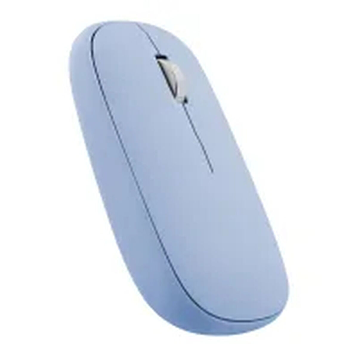 Un mouse wireless azzurro con rotella. È angolato verso l'alto e isolato su sfondo bianco.