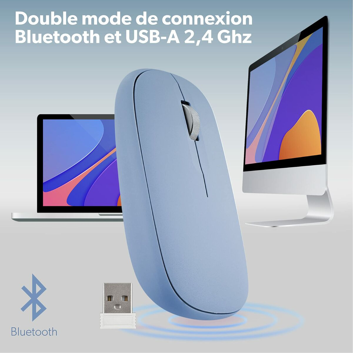 Mouse blu con testo e immagini di computer e un ricevitore USB.