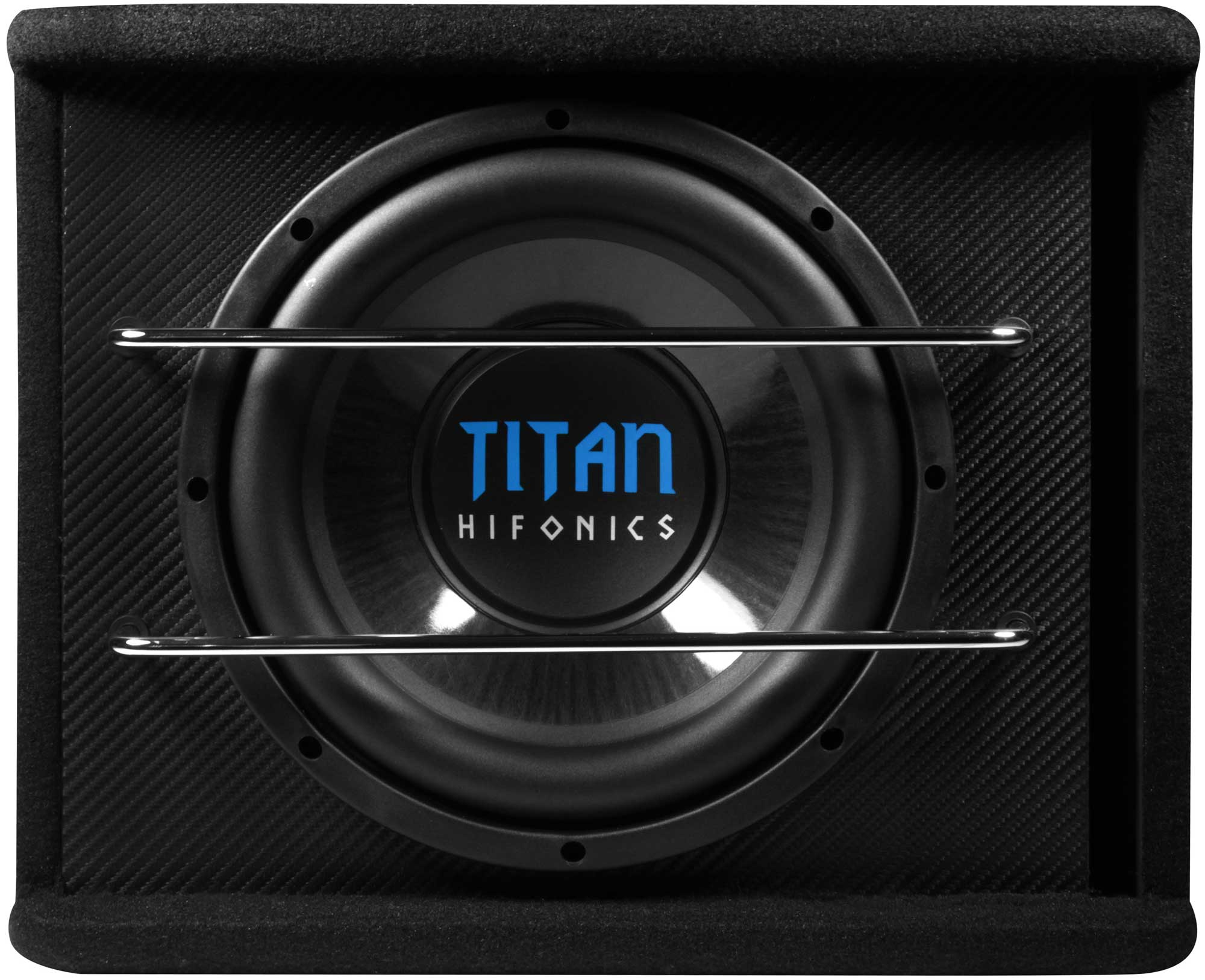 Ein schwarzer Subwoofer mit silbernem Grill und dem Wort 'TITAN HIFONICS' in Blau.