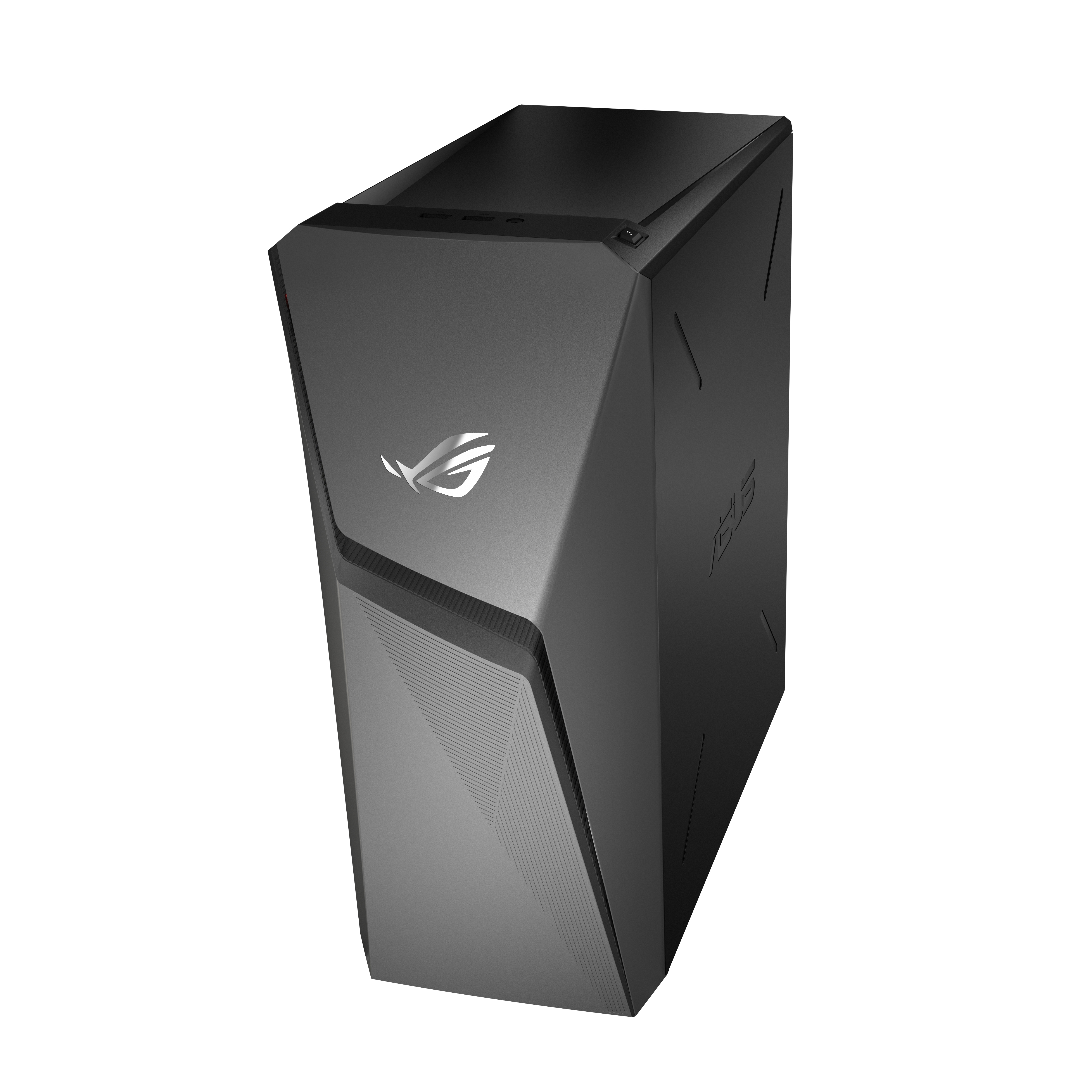 Ein schwarzes Computergehäuse mit dem ROG-Logo. Abgewinkeltes Design mit strukturierter Front und ASUS-Branding.