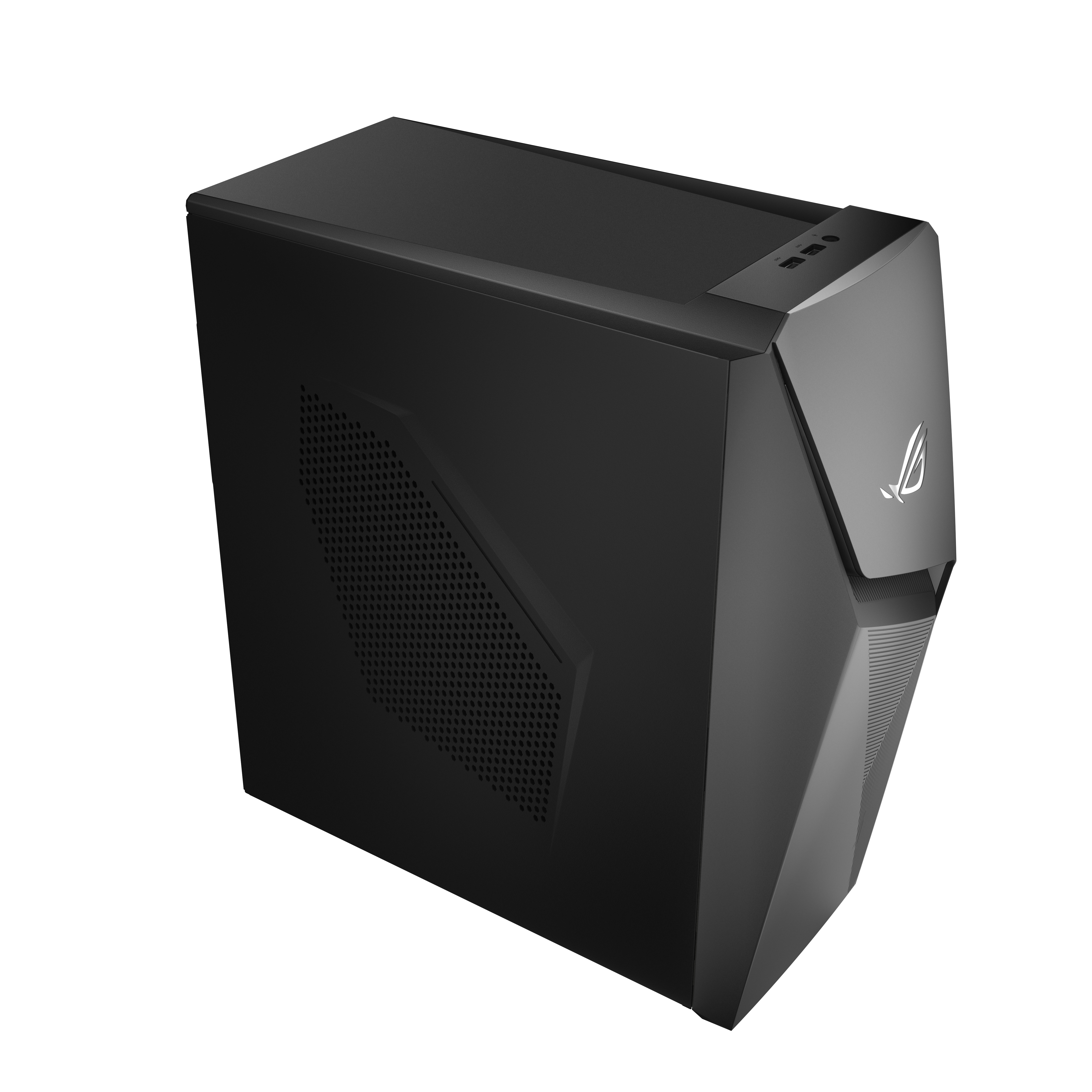 Schwarzes Computergehäuse mit ROG-Logo auf weißem Hintergrund, schräge Ansicht.