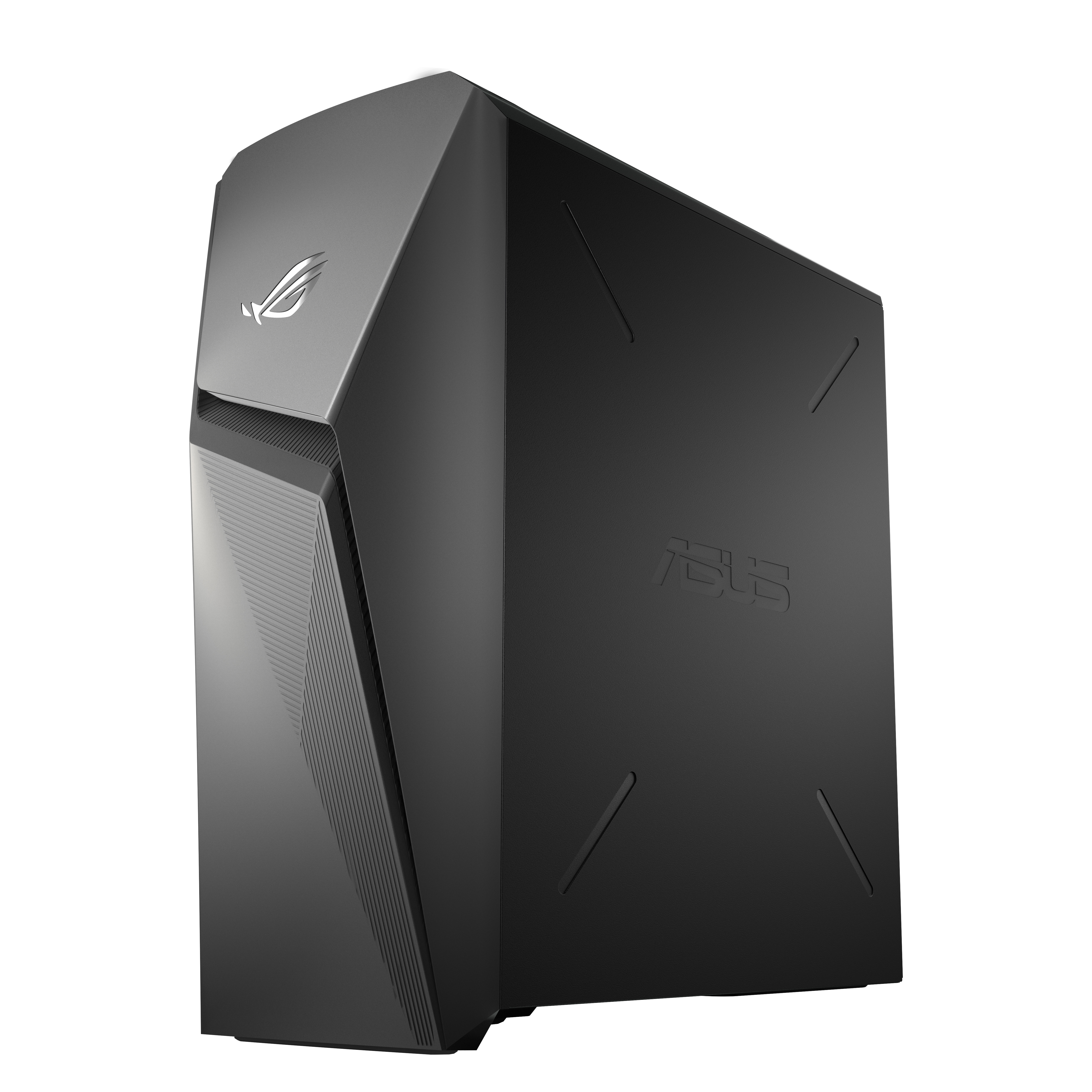 Schwarzer Asus-Desktop-Computer. Das ROG-Logo befindet sich oben.