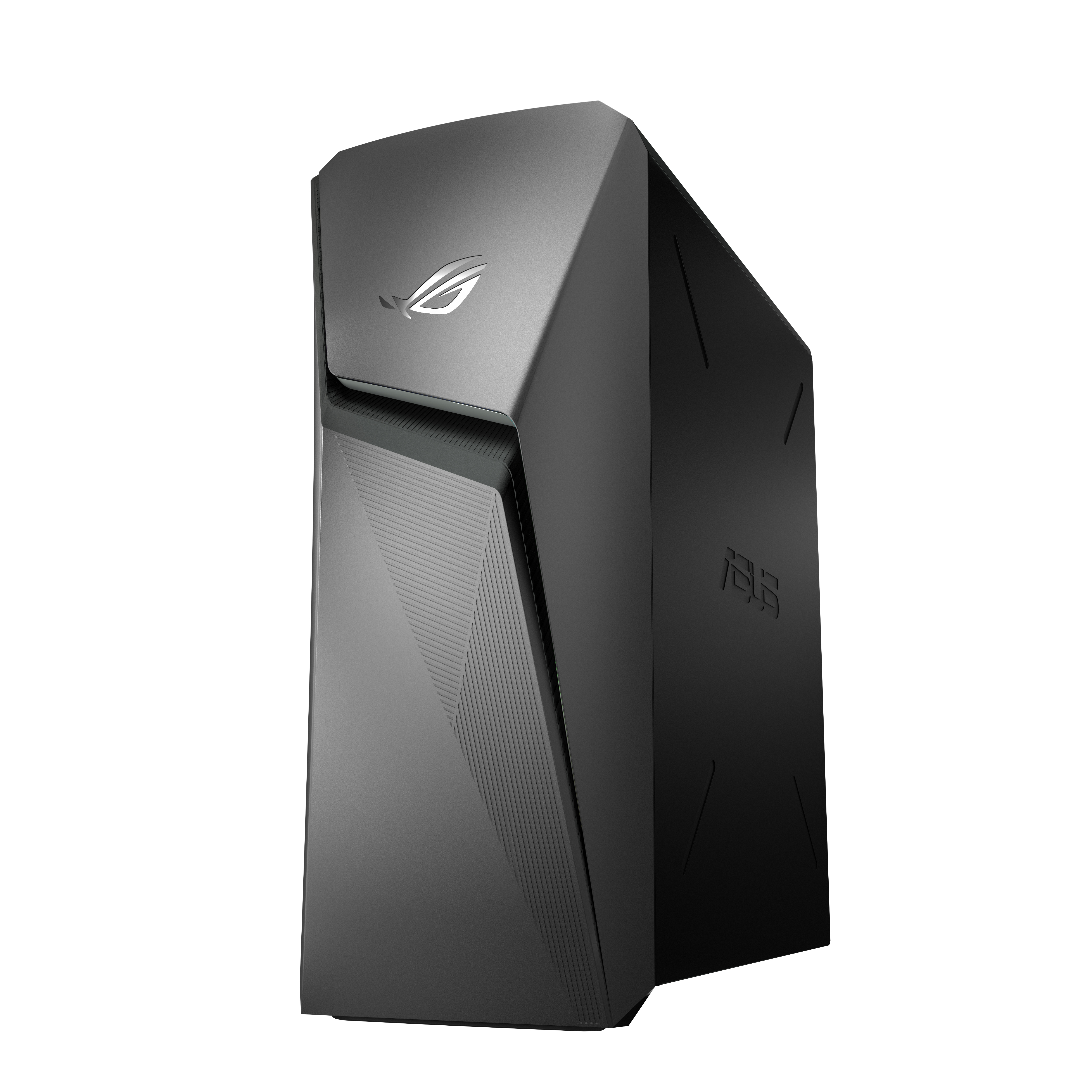 Schwarzer ASUS ROG Gaming-Computerturm. Die Front hat ein angewinkeltes Design und das ROG-Logo ist sichtbar.
