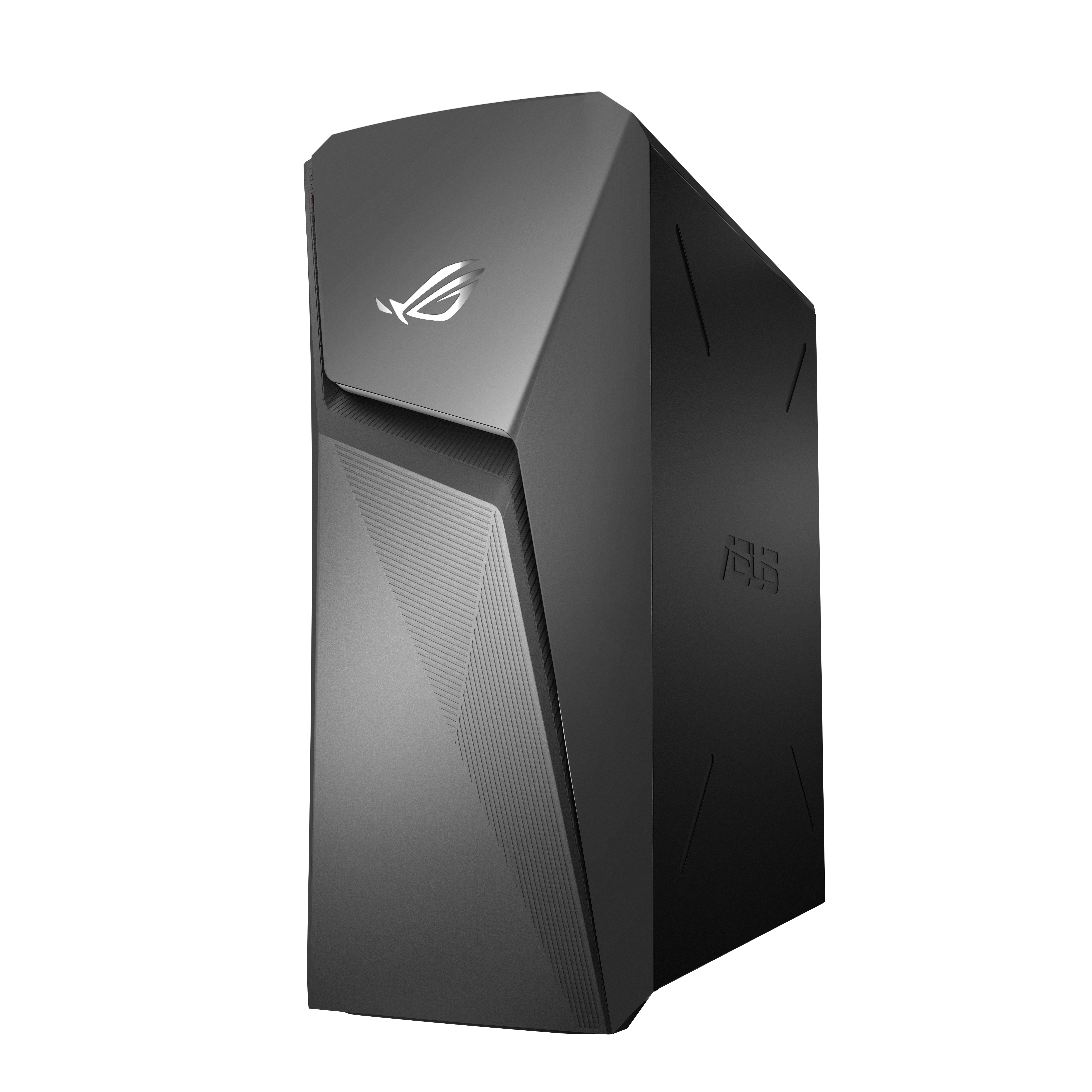 Ein schlankes, schwarzes Desktop-Computergehäuse mit dem ROG-Logo, vor weißem Hintergrund dargestellt.