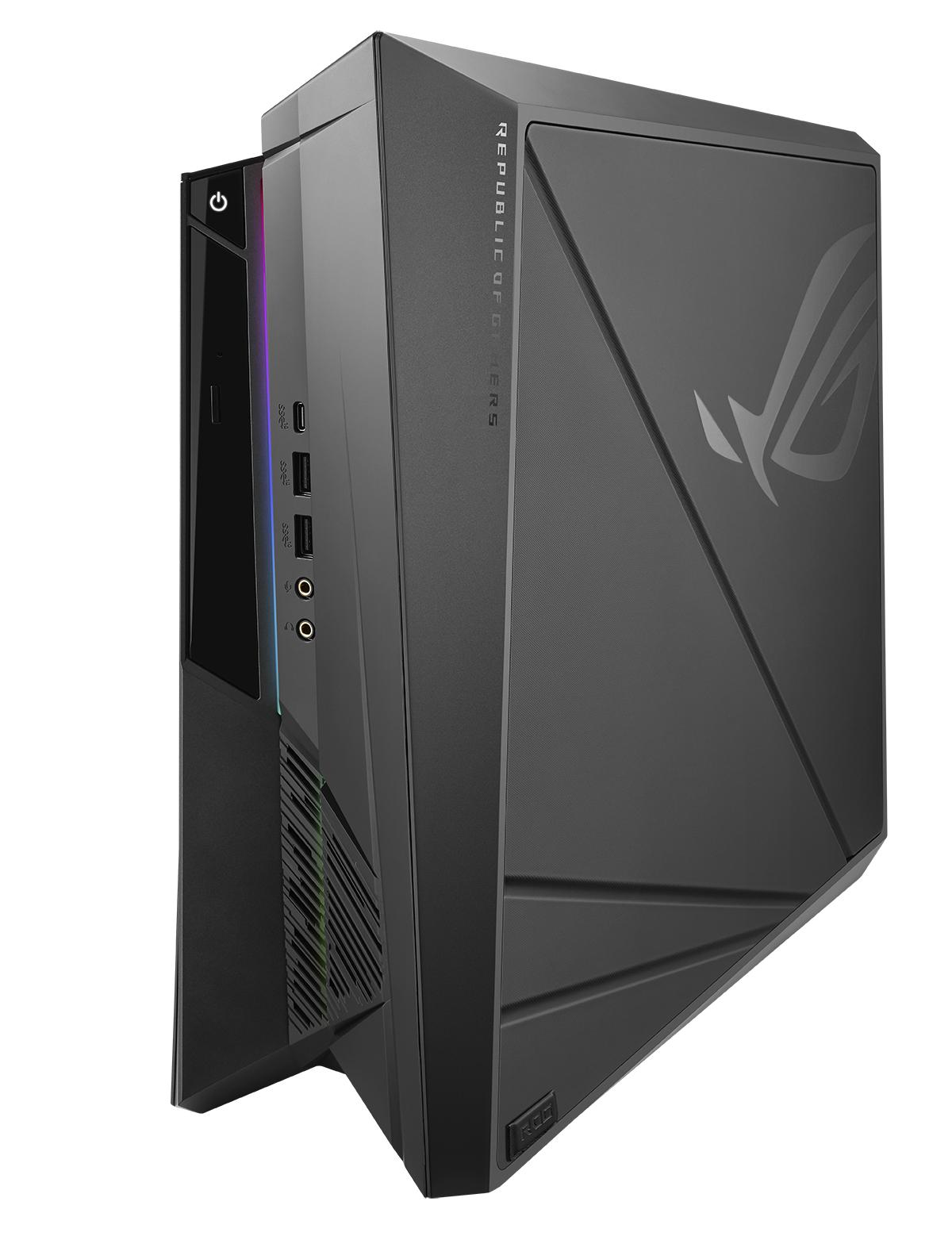 Schwarzes Computergehäuse mit rotem, violettem und blauem Licht an der Seite. Der Text „Republic of Gamers“ ist sichtbar.