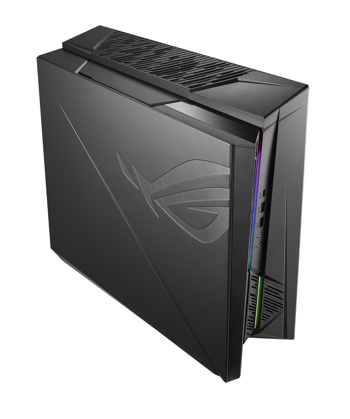 Schwarzes Desktop-Computergehäuse aus der Vogelperspektive. Das ROG-Logo ist sichtbar.