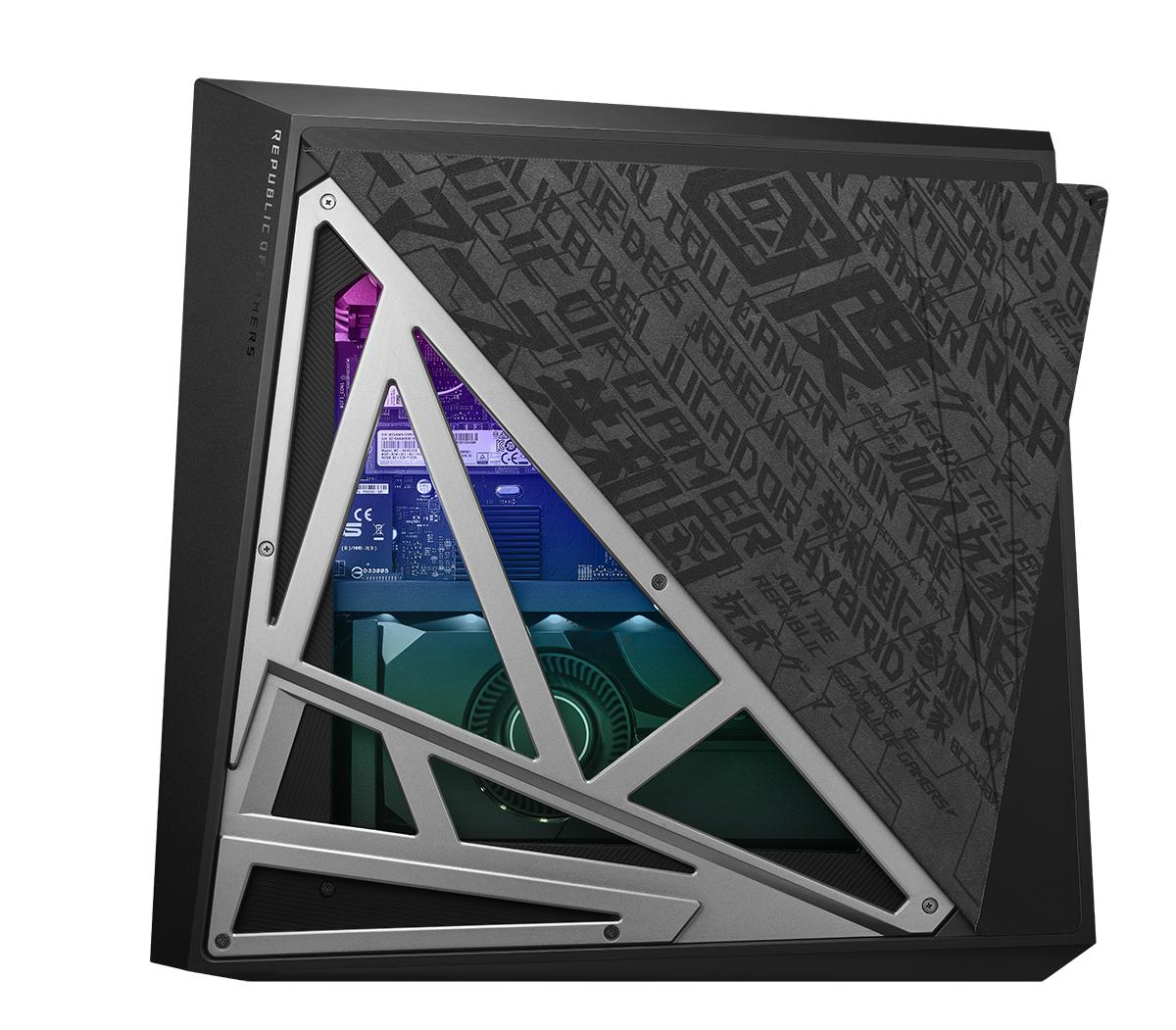 Schwarzes Gaming-PC-Gehäuse mit diagonalem Silberakzent. Innere Komponenten sichtbar. Weißer Hintergrund.