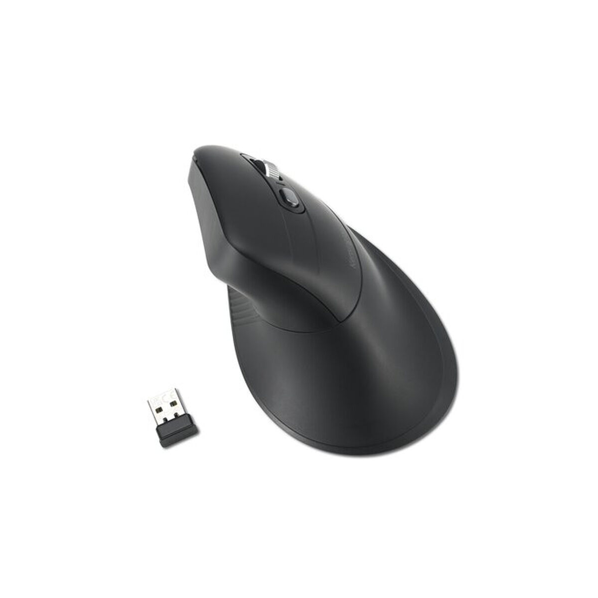 Mouse ergonomico verticale nero con ricevitore USB su bianco.