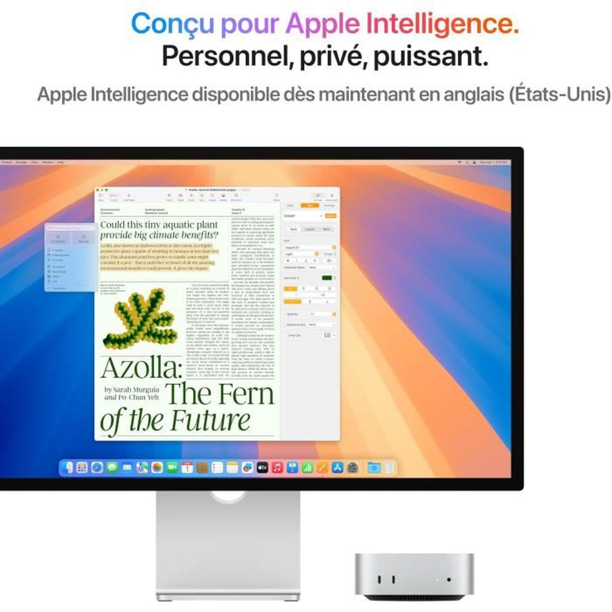 Wyświetlacz Apple z dokumentem i dwoma Mac Mini. Tekst: 'Zaprojektowano dla Apple Intelligence. Osobiste, prywatne, potężne'.