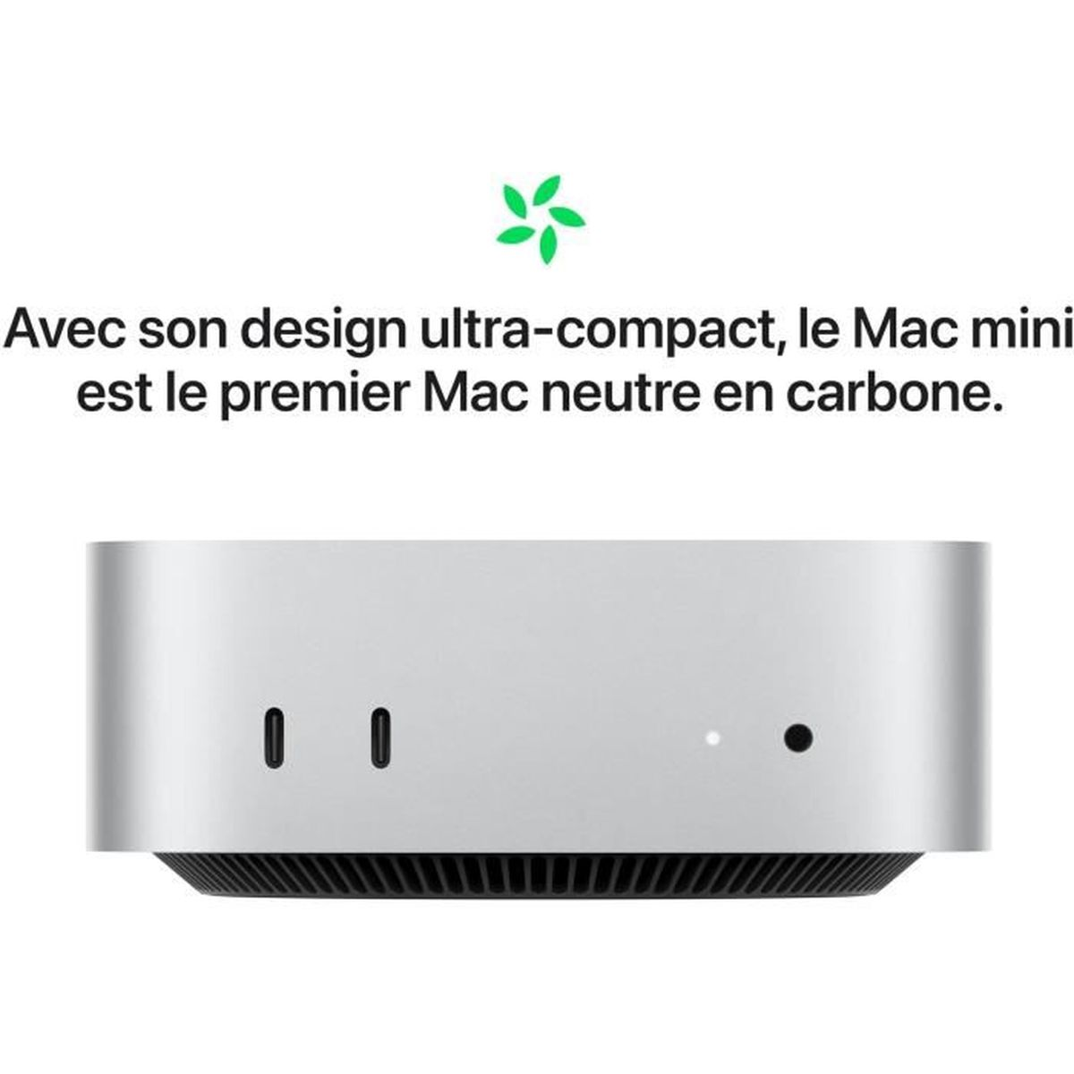 Srebrny Mac Mini, widok z góry. Zawiera tekst: 'Dzięki ultra-kompaktowej konstrukcji Mac mini jest neutralny węglowo'.
