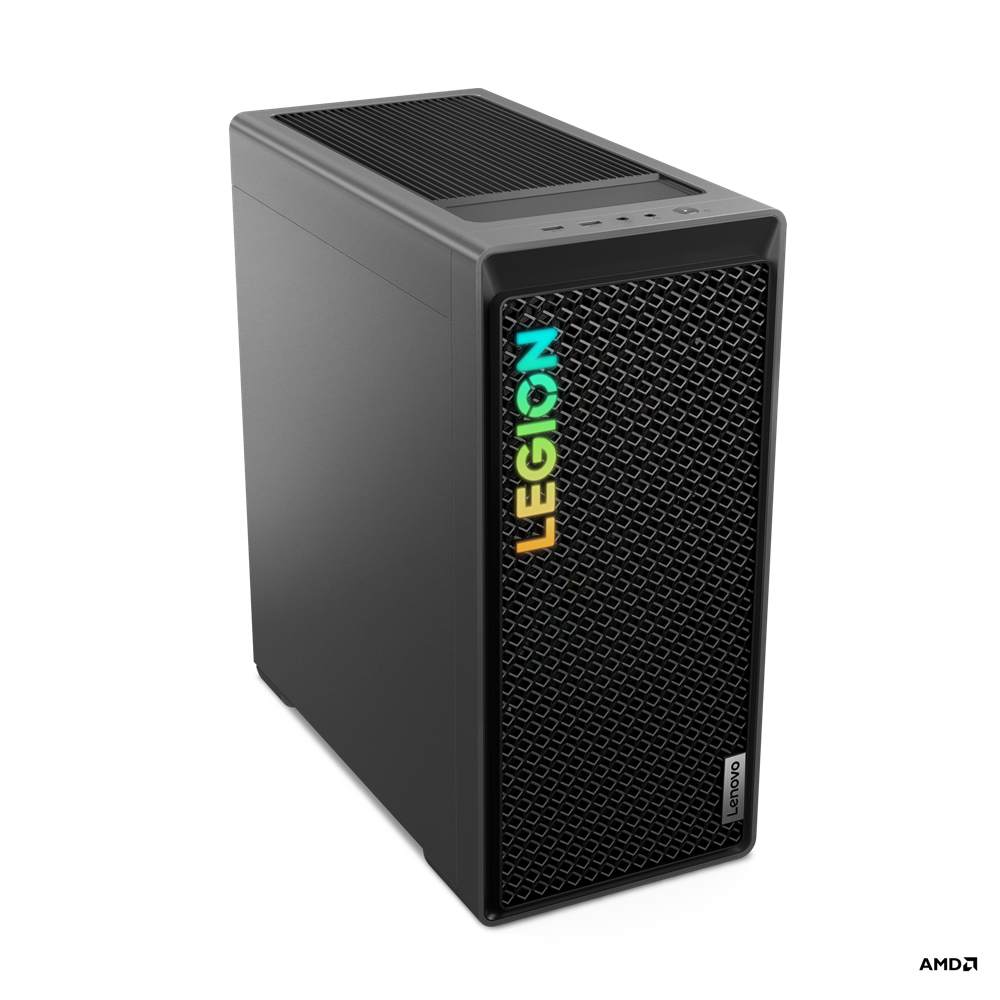 Torre desktop da gioco Lenovo Legion nera e grigia. Presenta il logo Legion con sfumatura di colore.