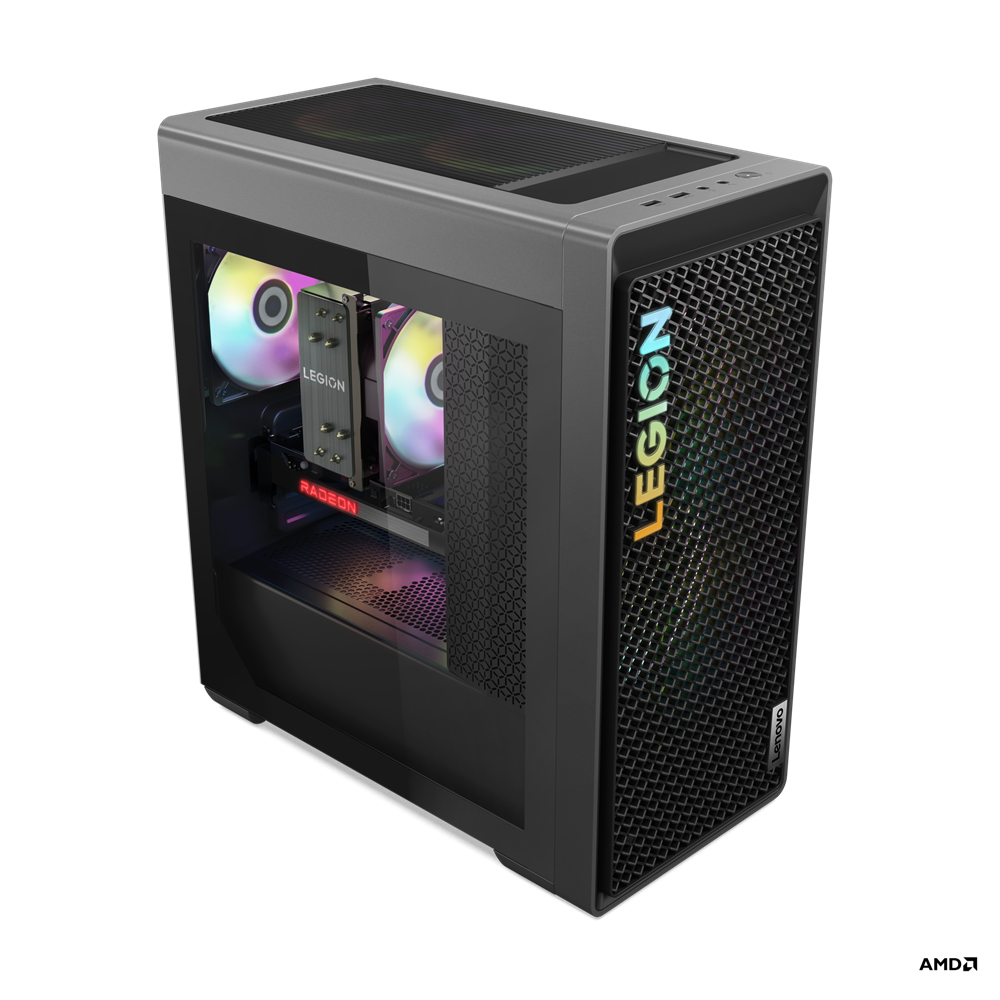 Case PC Lenovo Legion nero e grigio con componenti visibili, su sfondo bianco.