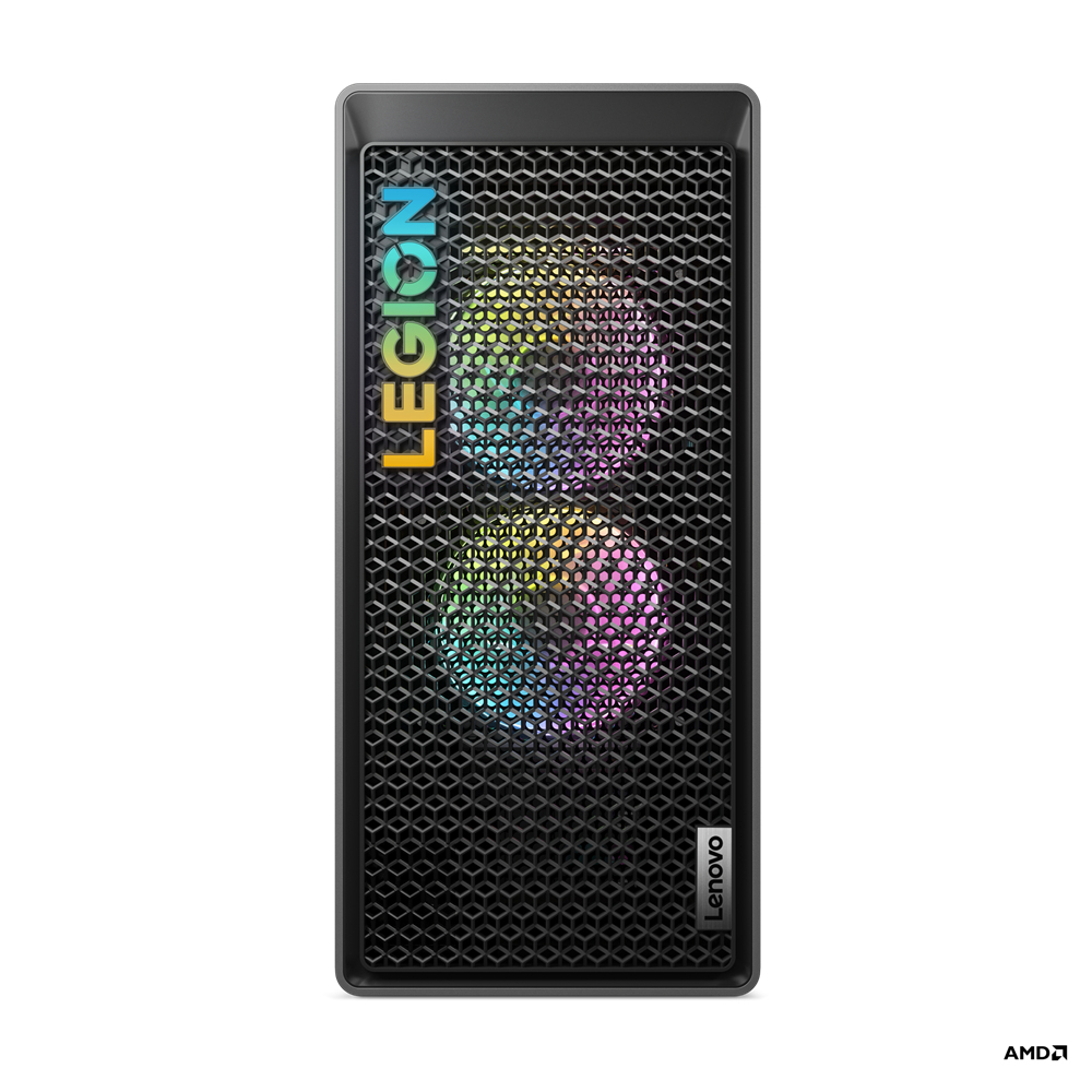 Case per computer nero con logo Legion e luci colorate.