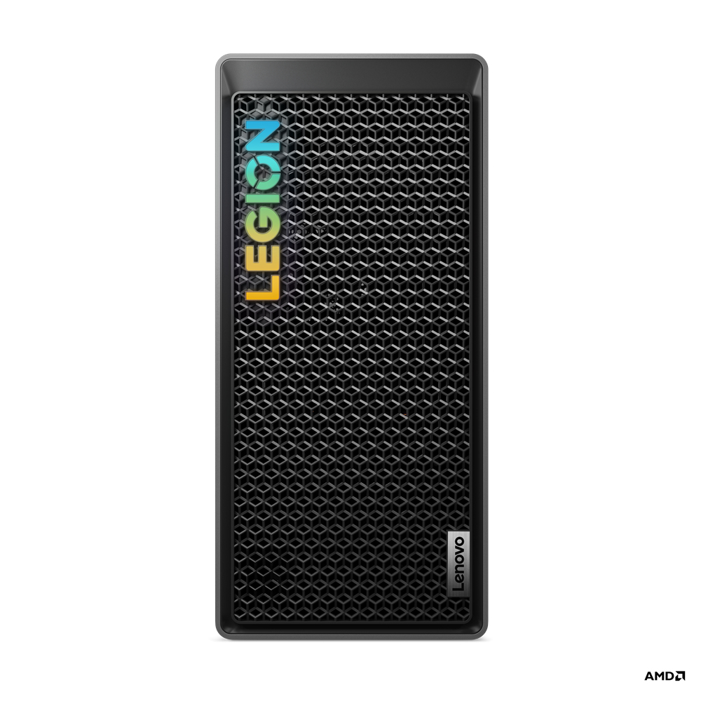 Computer desktop Lenovo Legion nero. La parte anteriore ha un design a rete e il logo Legion in più colori. Sfondo bianco.