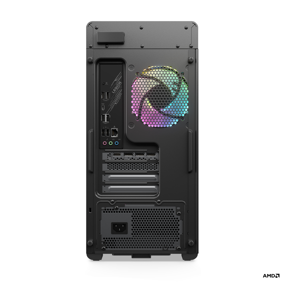 Un case per computer nero con ventola e varie porte di connessione.