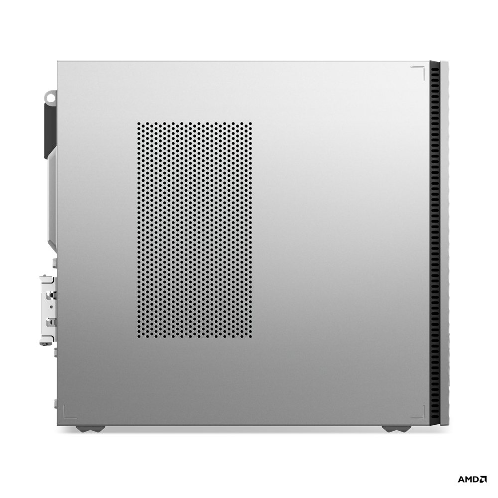 Seitenansicht eines silbernen Computergehäuses mit Lüfter und AMD-Logo. Das Gehäuse ist rechteckig.