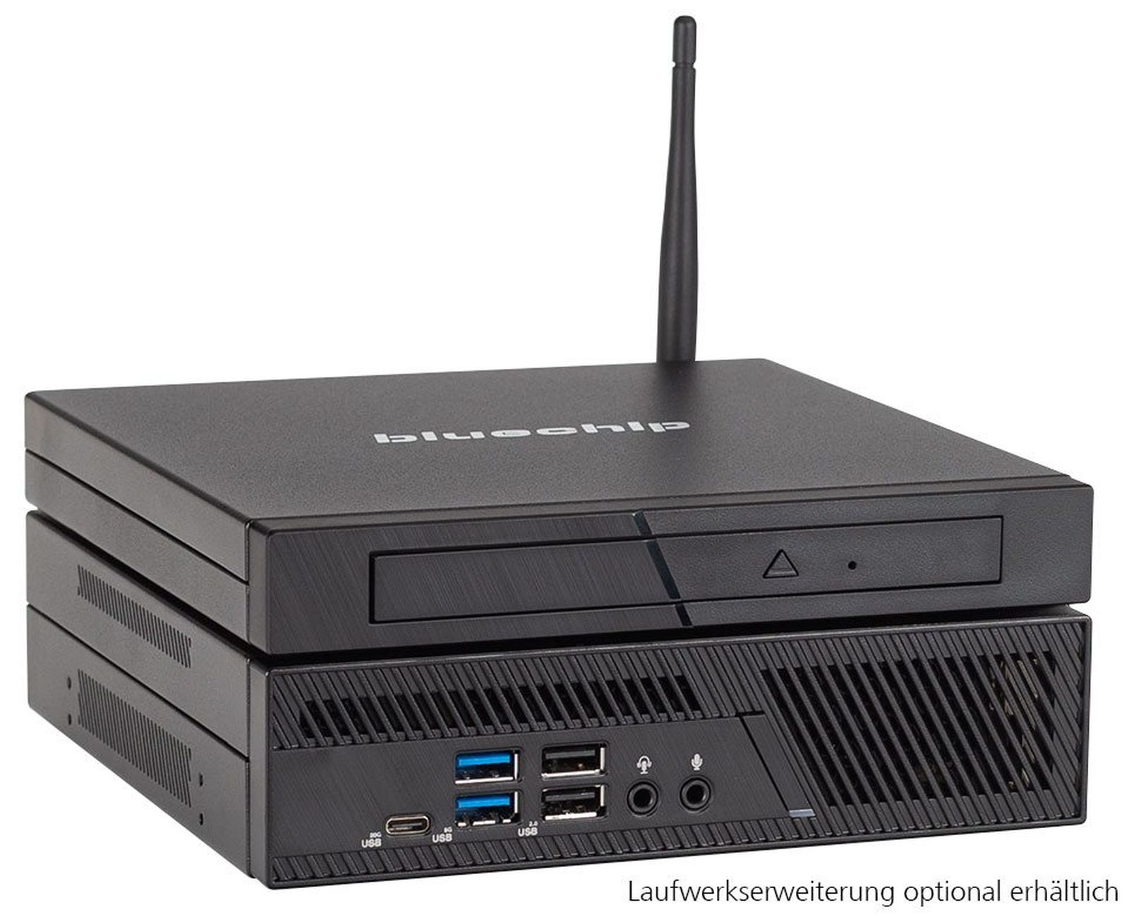 PC nero impilato, con un'unità superiore e una inferiore. Un'antenna è visibile.