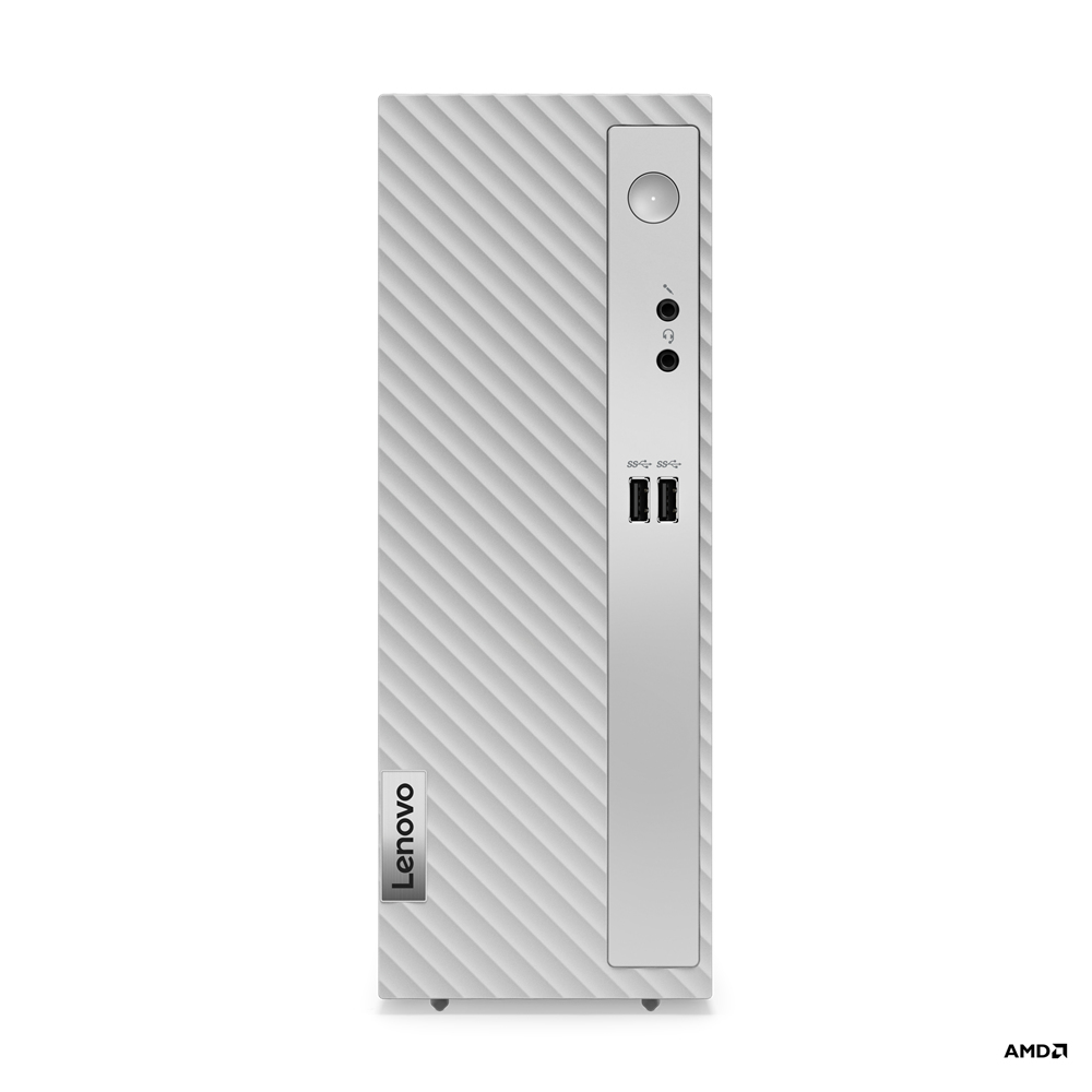 Weißer Lenovo-Desktop-Computer. Er hat eine geriffelte Frontplatte und einen silbernen Streifen mit Anschlüssen.
