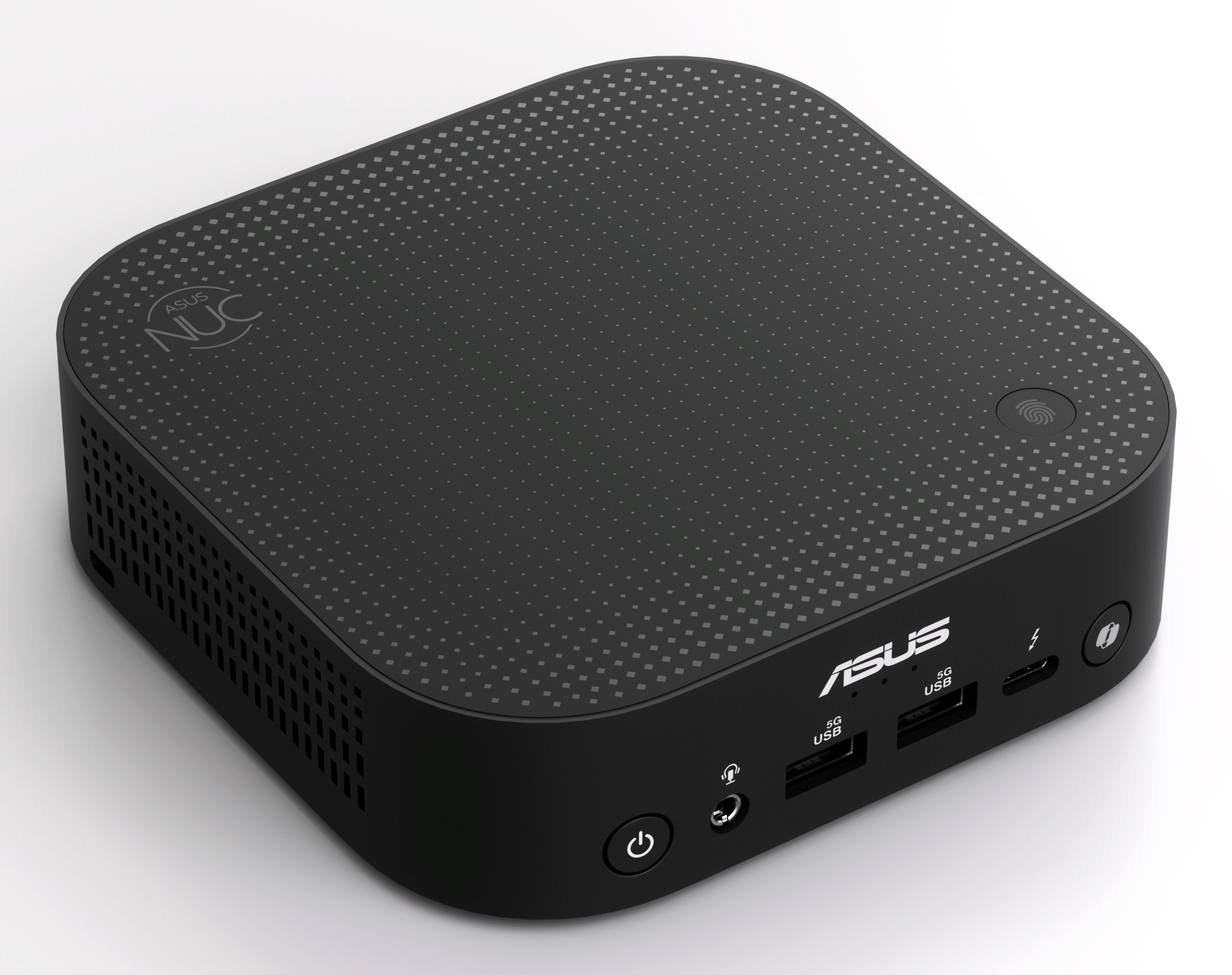 Czarny mini PC ASUS NUC. Ma kropkowaną górę, wiele portów i czytnik linii papilarnych.