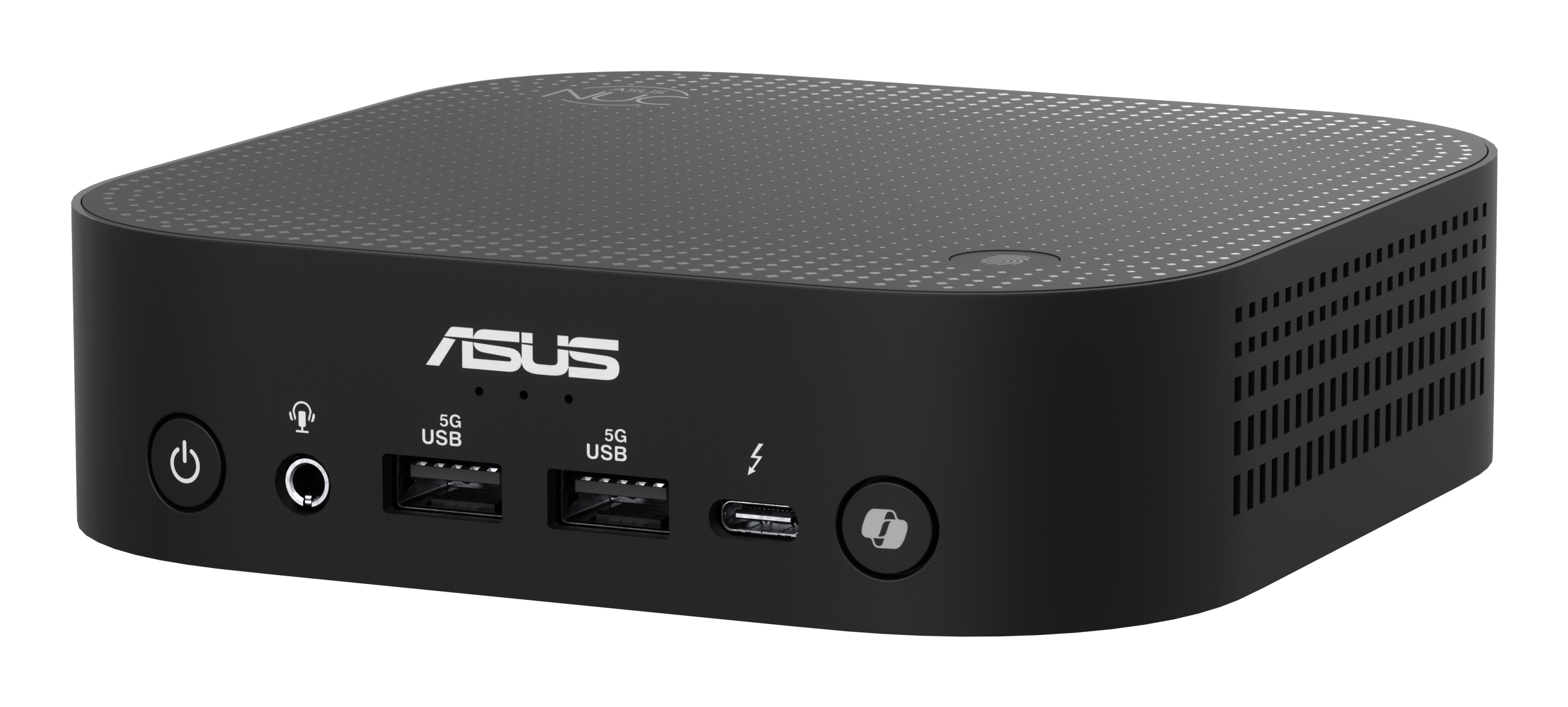 Czarny mini PC ASUS NUC. Ma wiele portów, logo ASUS i przycisk zasilania.