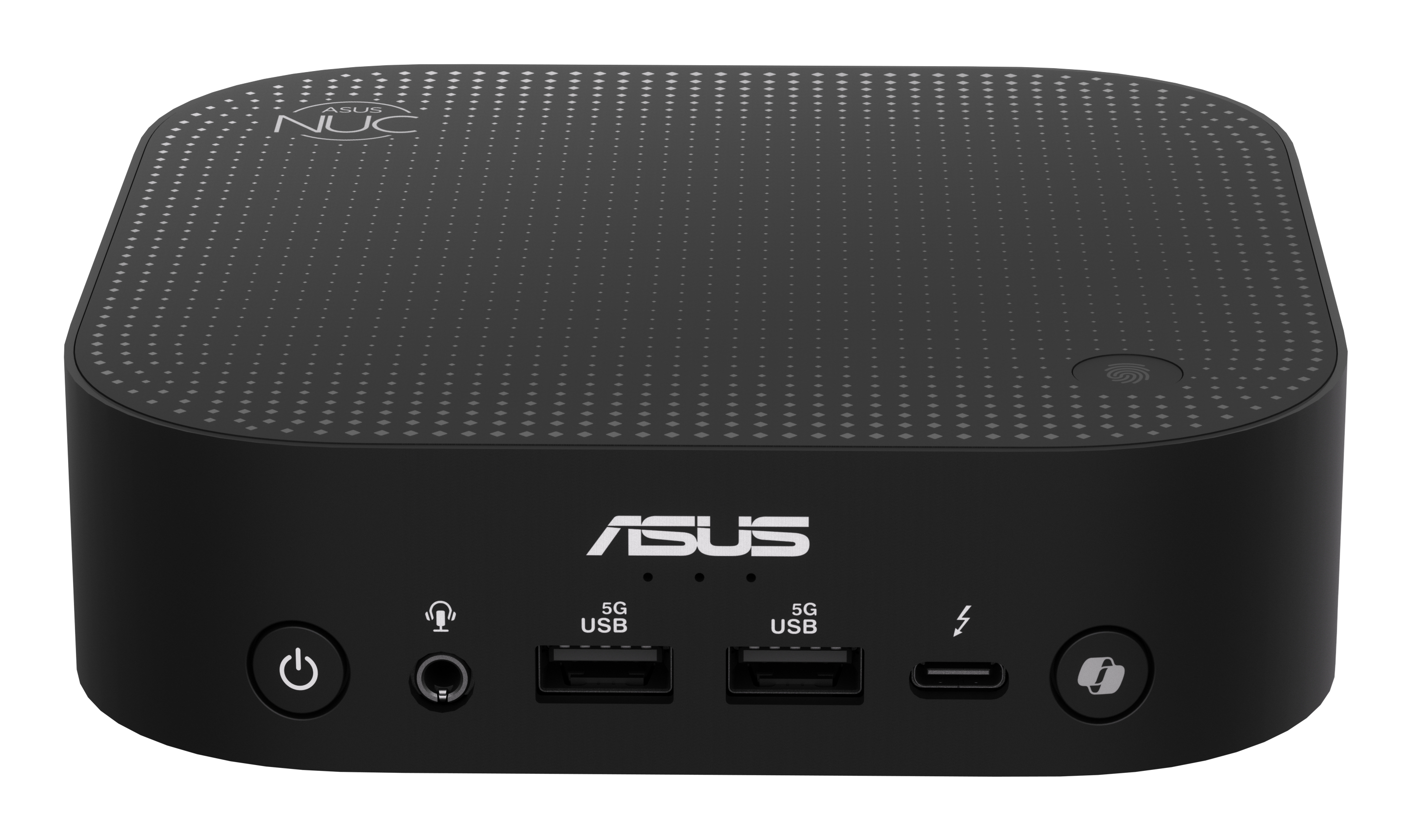 Czarny mini PC ASUS NUC. Posiada wiele portów, logo ASUS i przycisk zasilania.