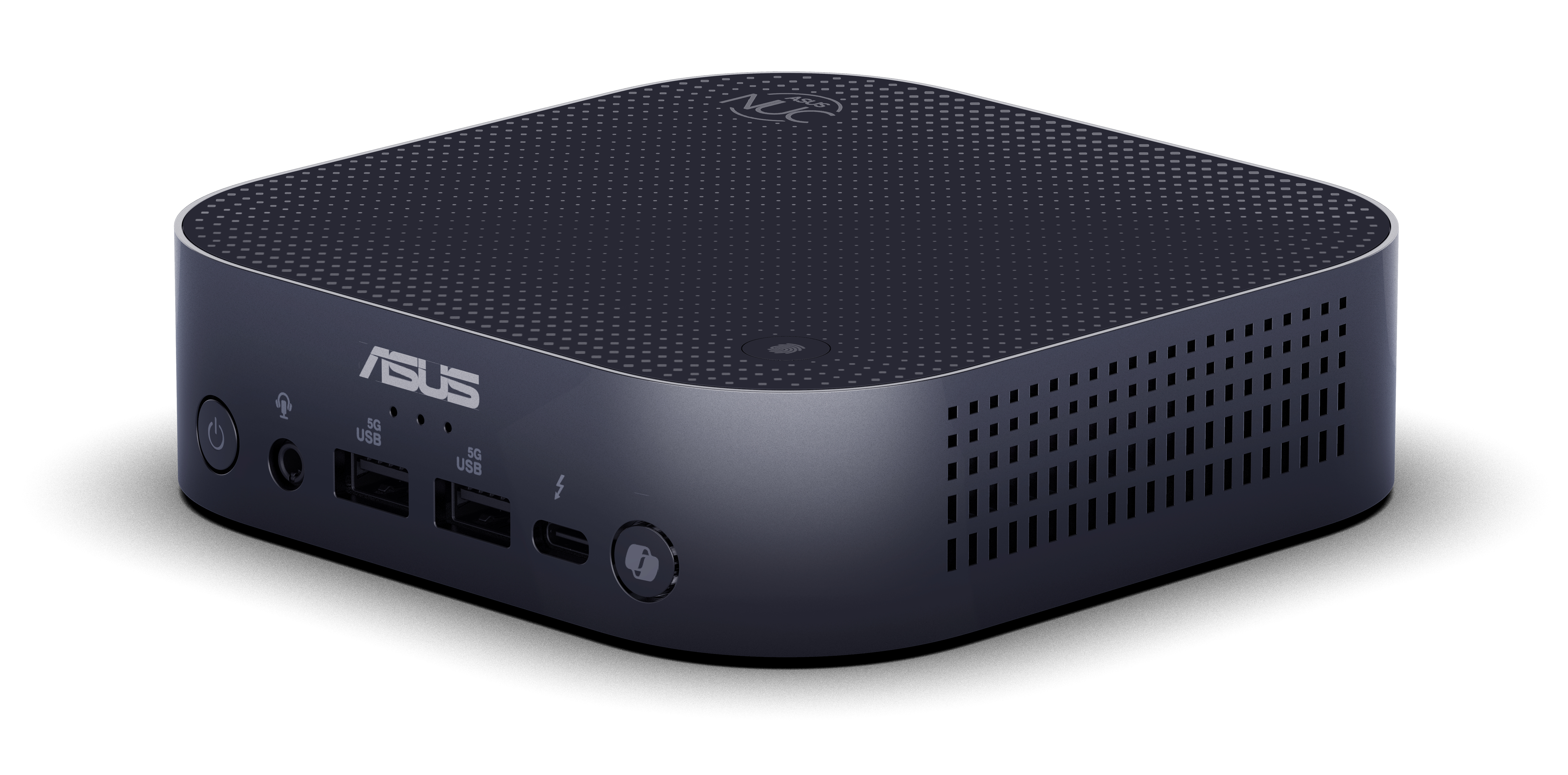 Czarny mini PC ASUS z portami USB i zasilania. Ma elegancki design i stoi na białej powierzchni.