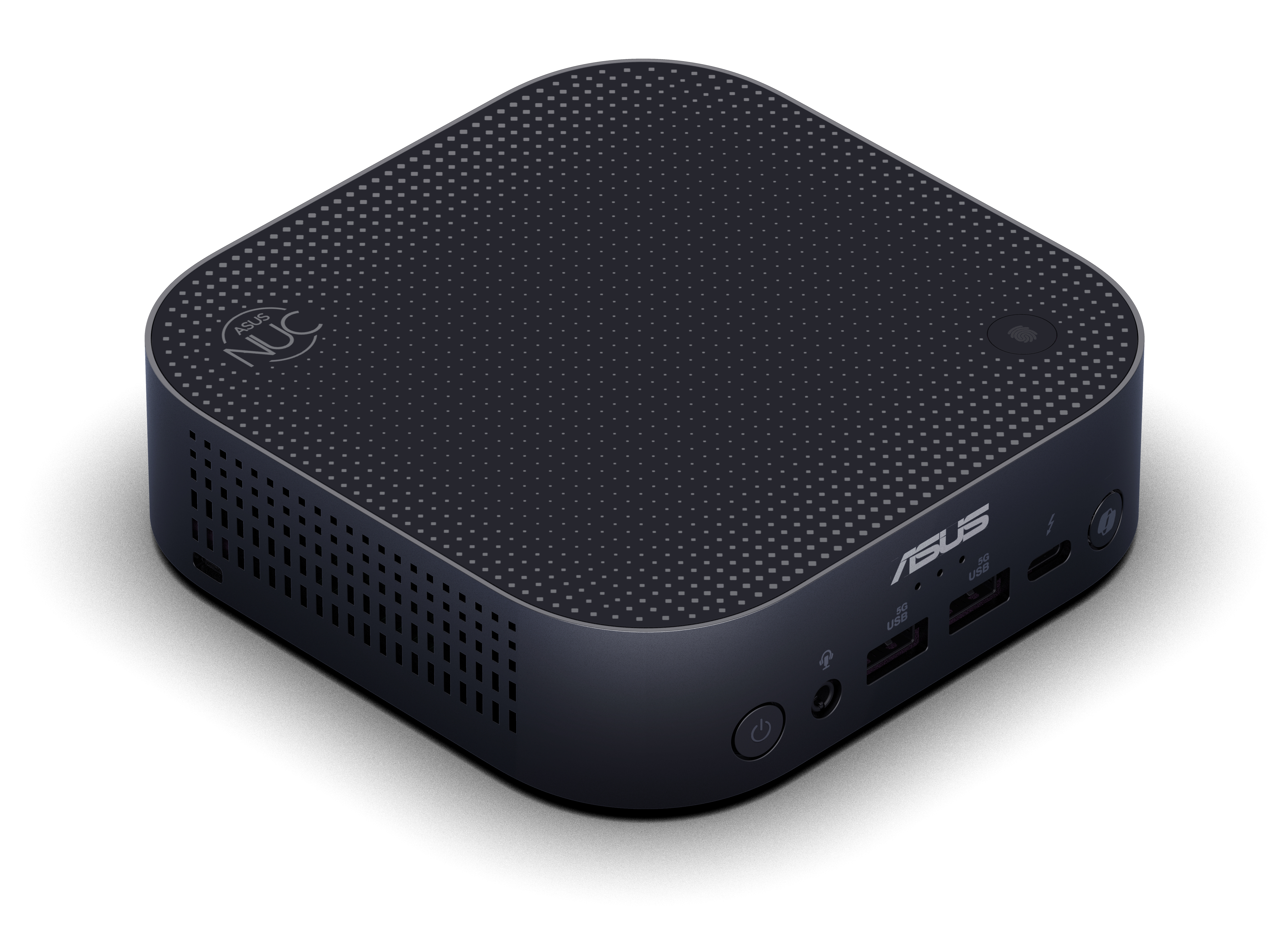 Czarny mini PC Asus NUC. Kwadratowy kształt. Posiada przycisk zasilania i porty USB.