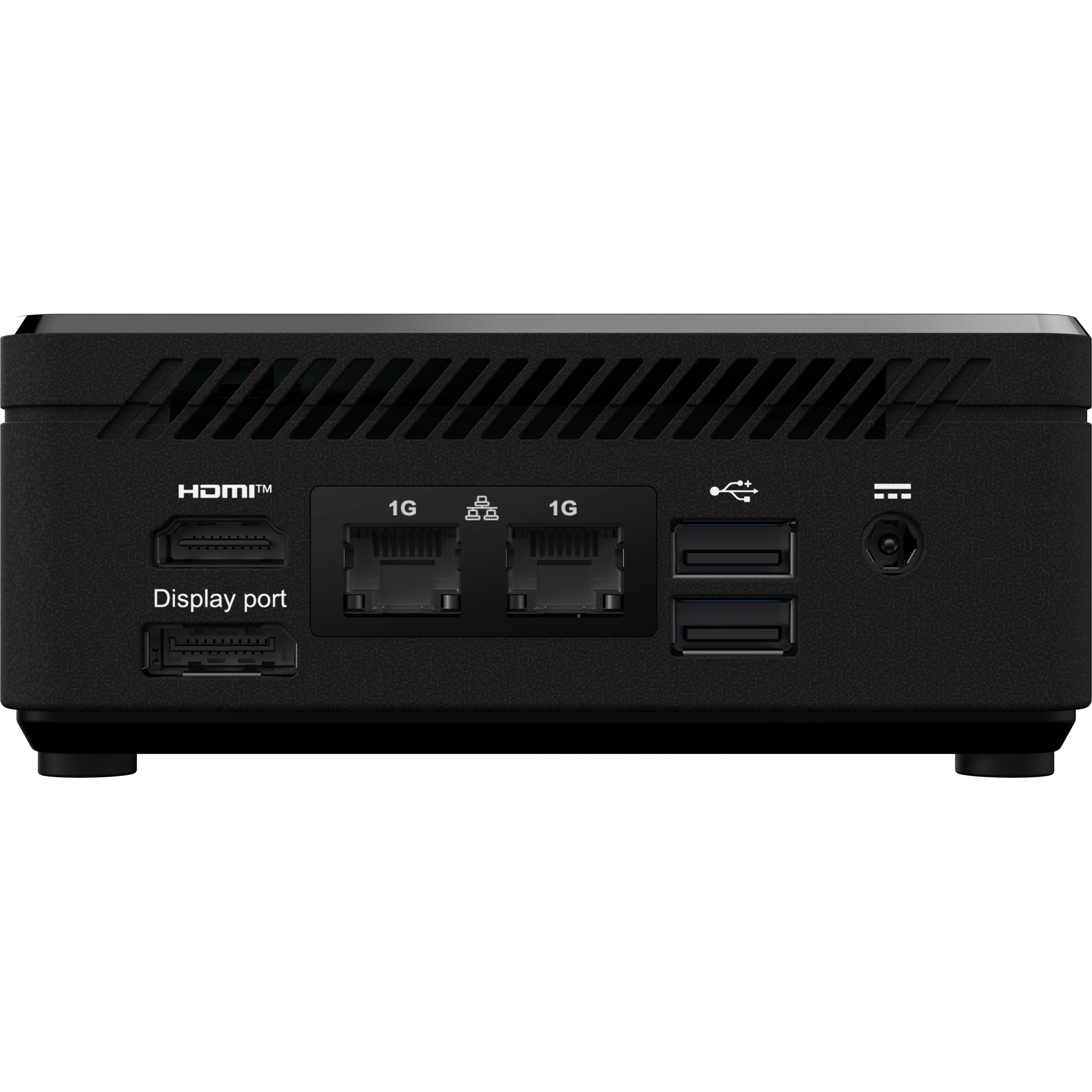 Czarny panel tylny komputera stacjonarnego z portami HDMI, Ethernet i USB.