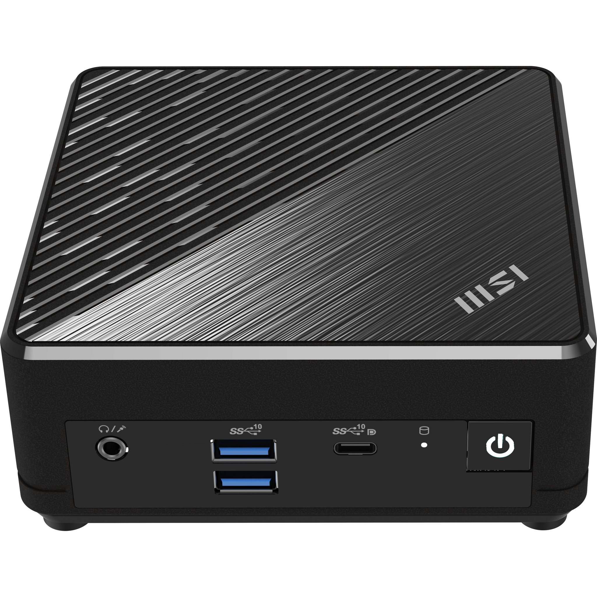 Mini-PC noir avec un dessus texturé. Il possède des ports USB et audio.