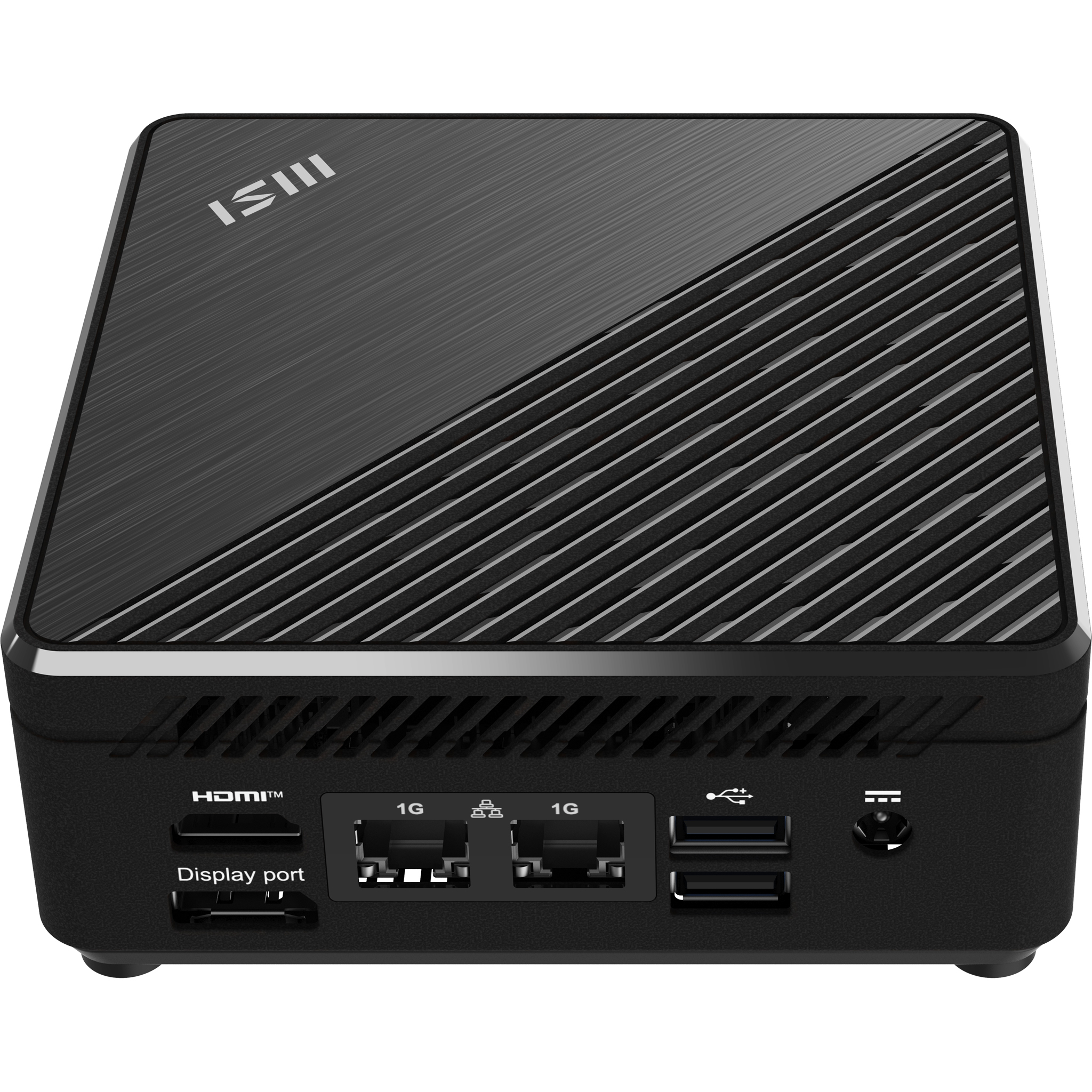 Czarny mini PC z portami i żebrowanym panelem górnym.