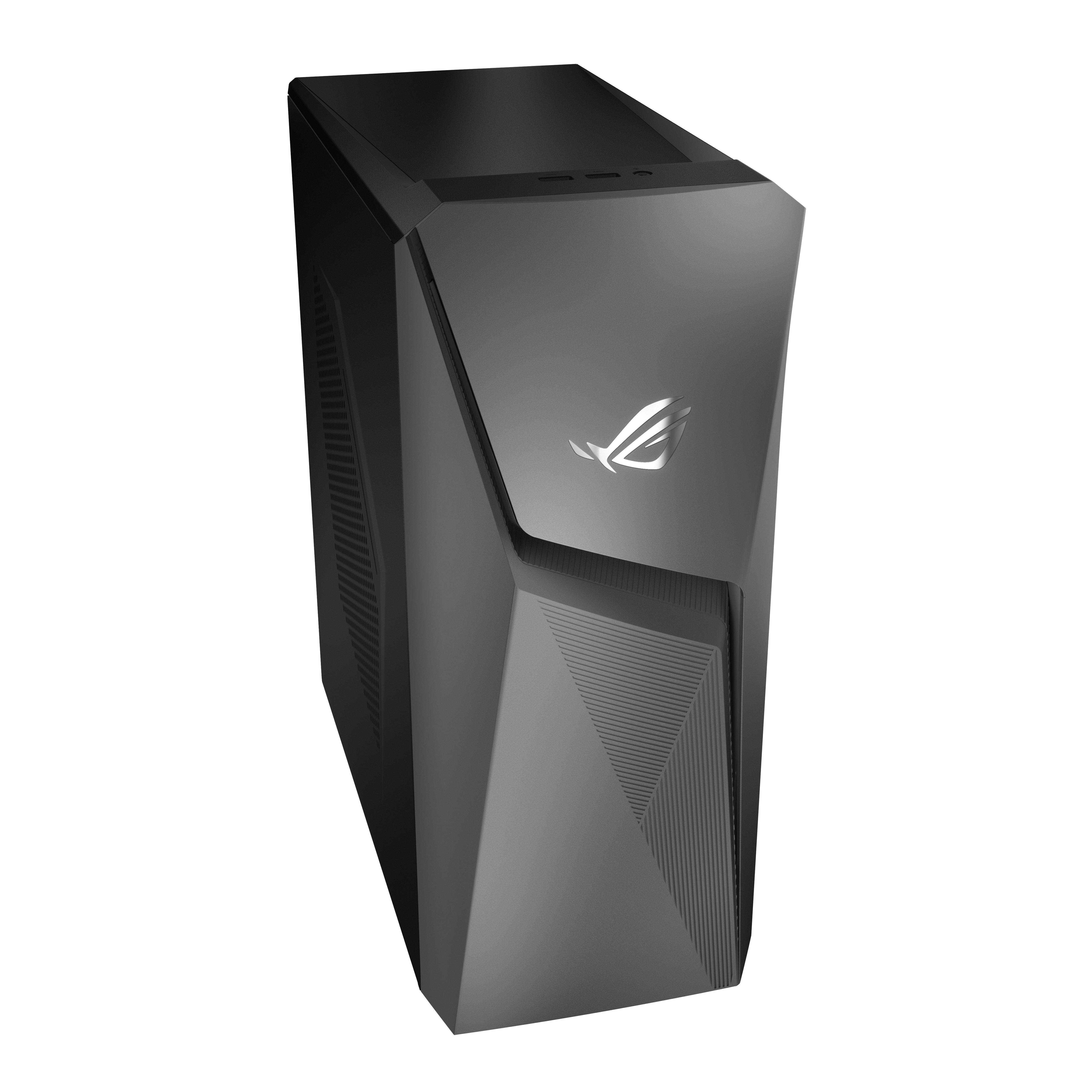 Schwarzes Computergehäuse mit ROG-Logo, abgeschrägter Front und schlankem Design.
