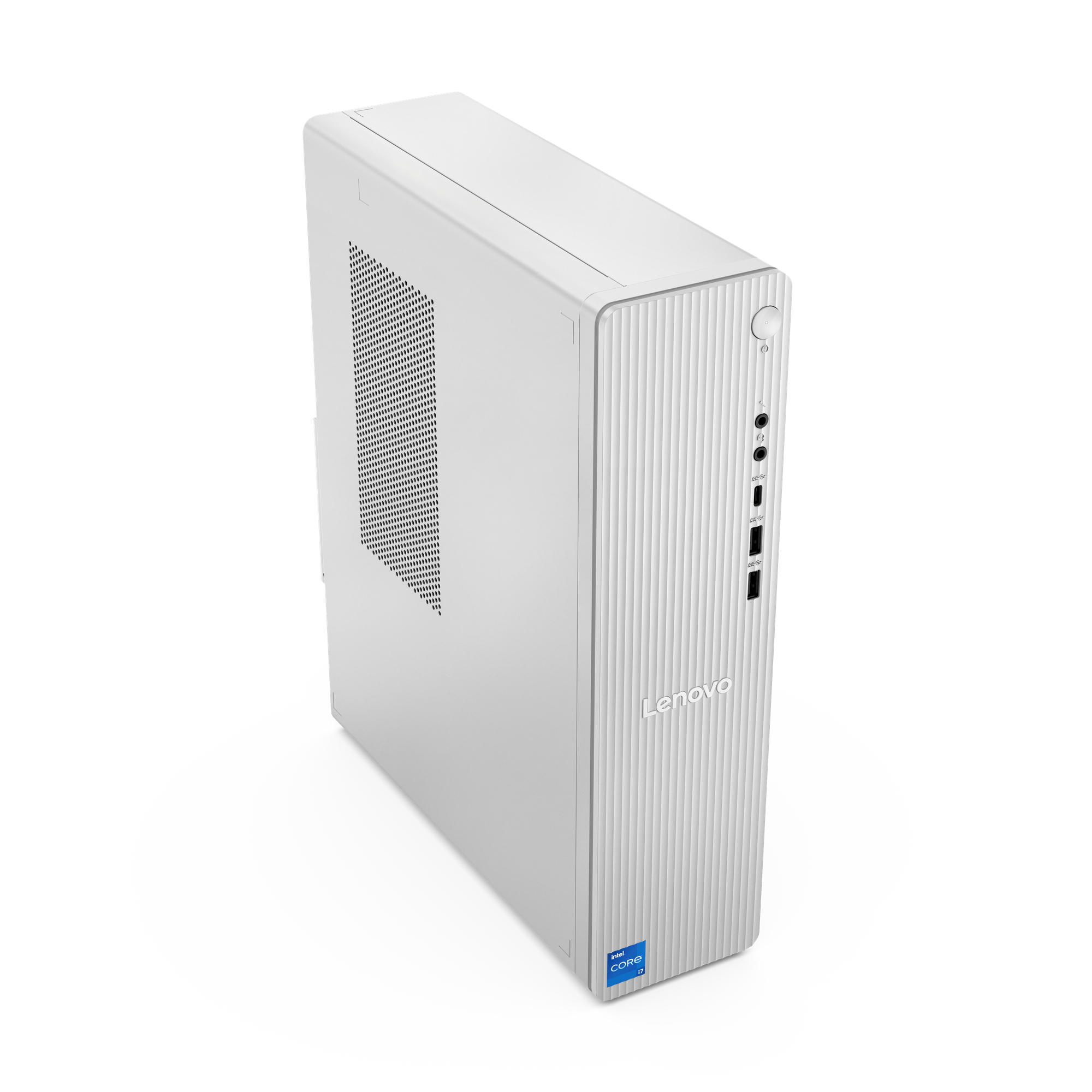 Un ordinateur de bureau Lenovo blanc. Le panneau avant a des lignes verticales, avec des ports sur le côté.