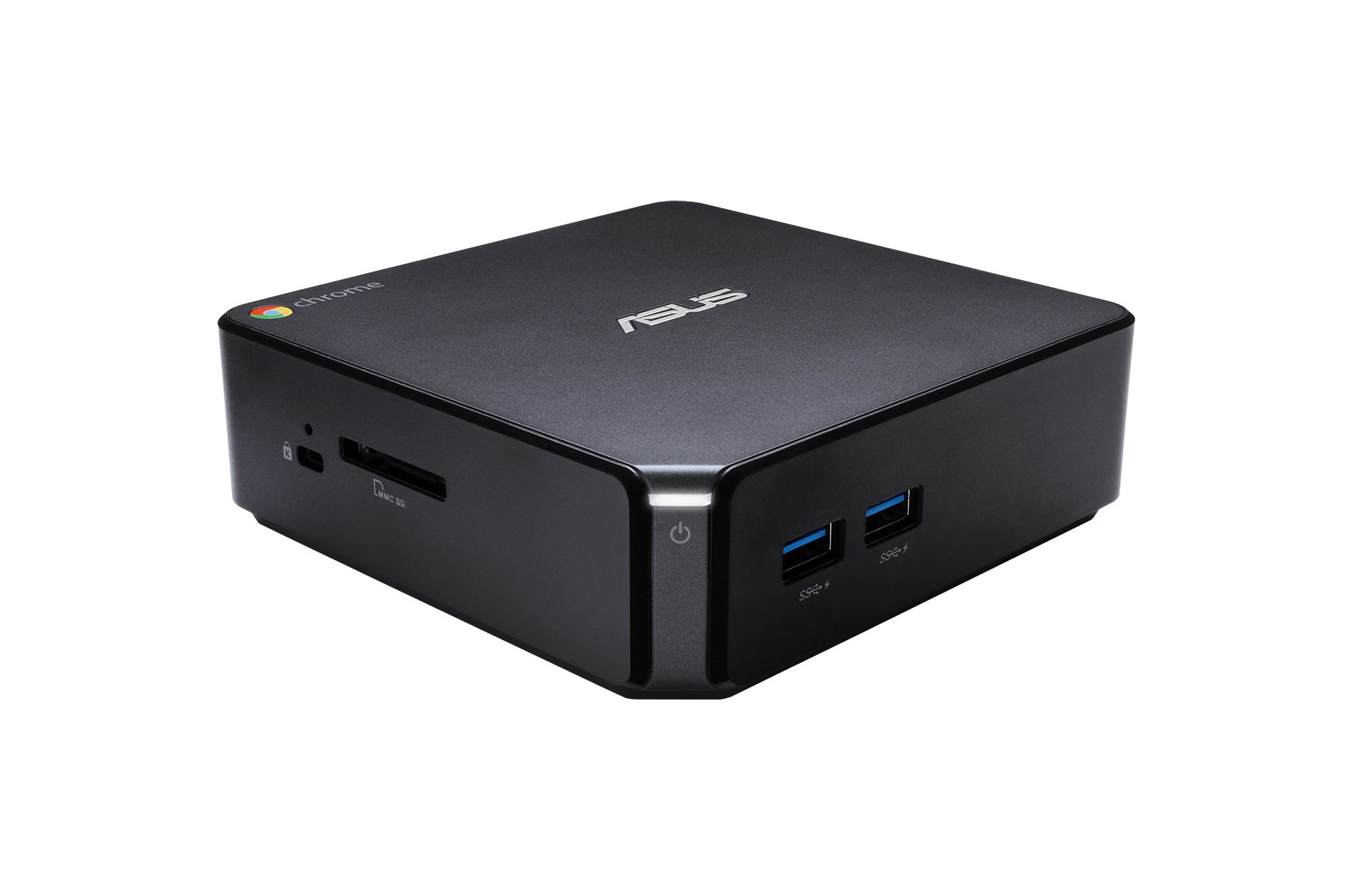 Czarny mini PC ASUS Chrome, widok z przodu, z portami, logo Chrome i logo ASUS na górze.