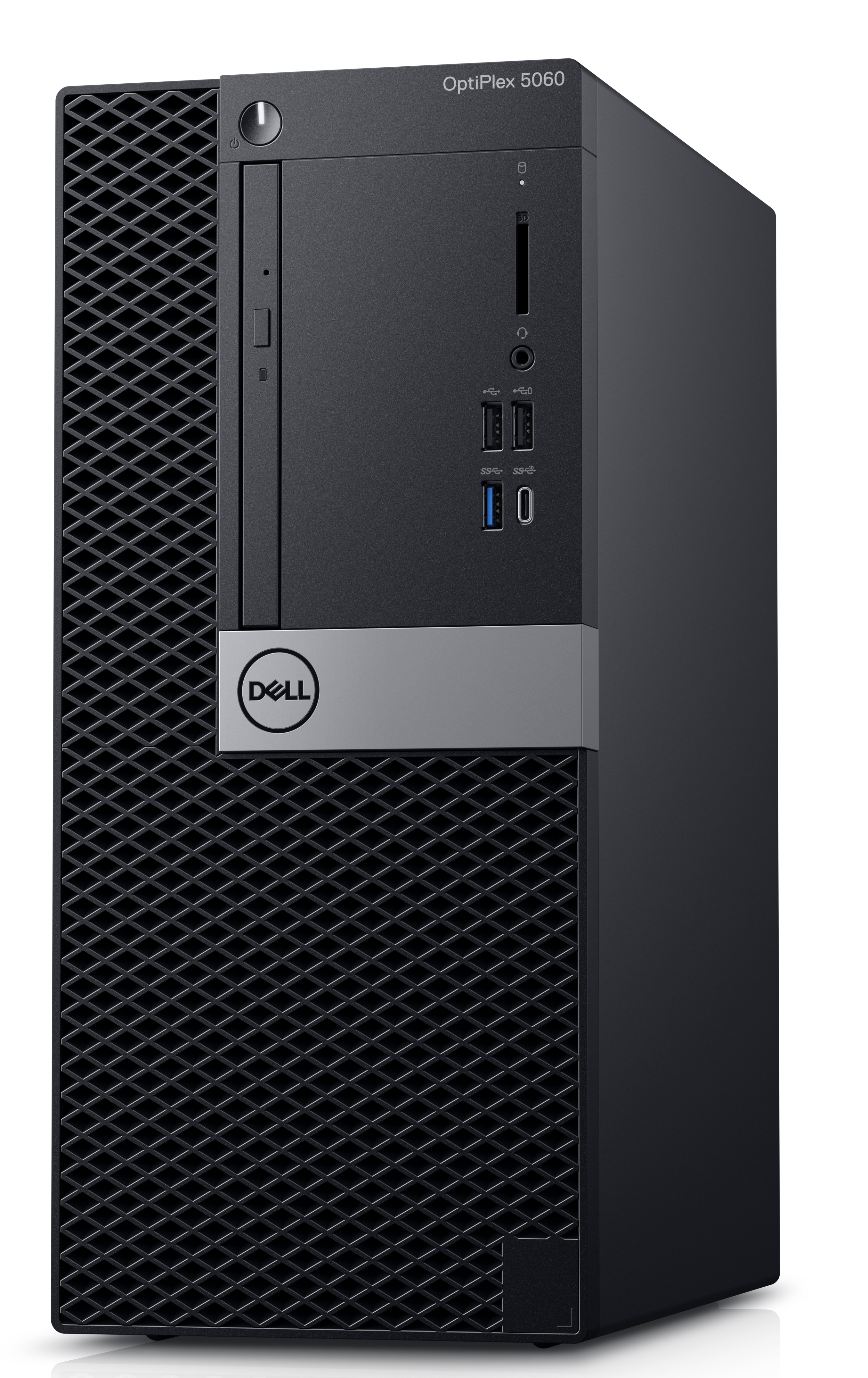 Tower PC Dell OptiPlex 5060 nero, vista laterale, con logo Dell, su sfondo bianco.