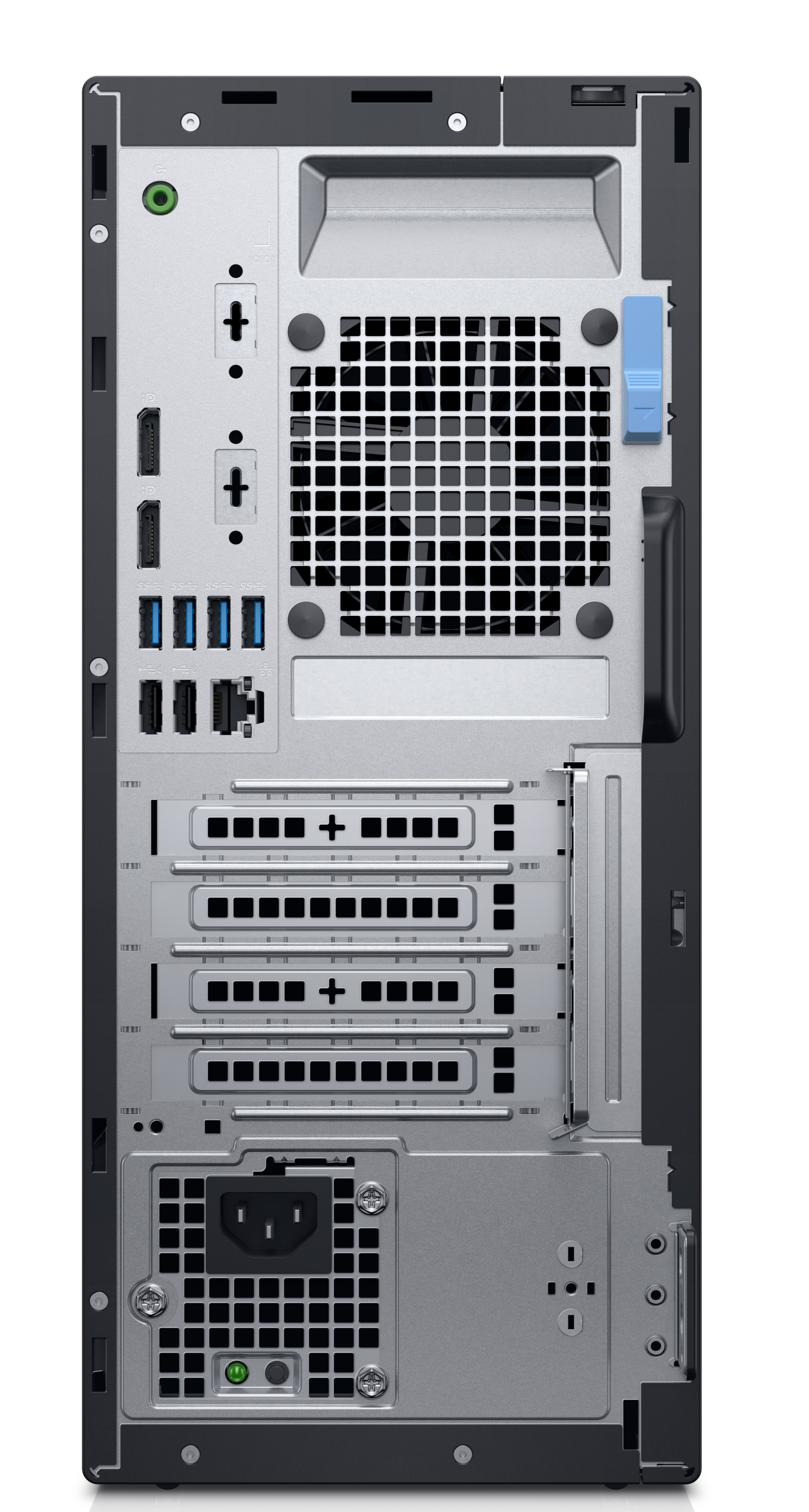Vista posteriore di un PC Dell OptiPlex nero con varie porte e connettori, su bianco.