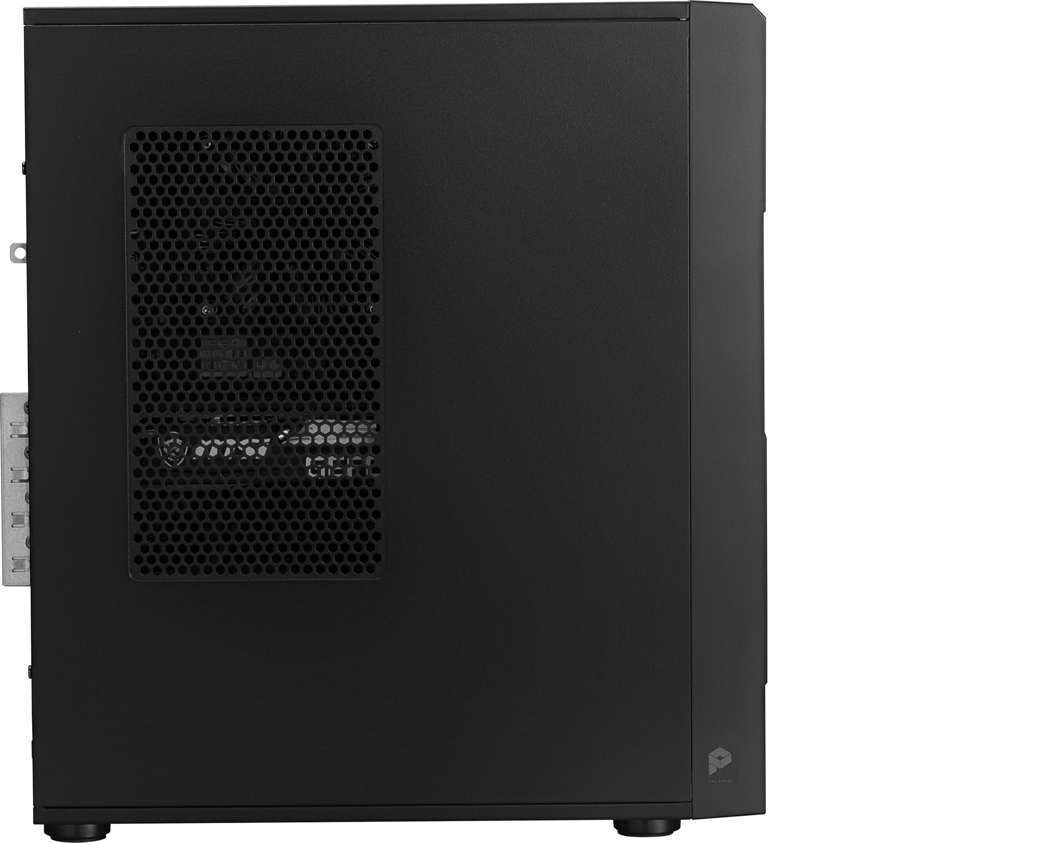Lato del case del computer nero, con una ventola e una rete, e un lato aperto.