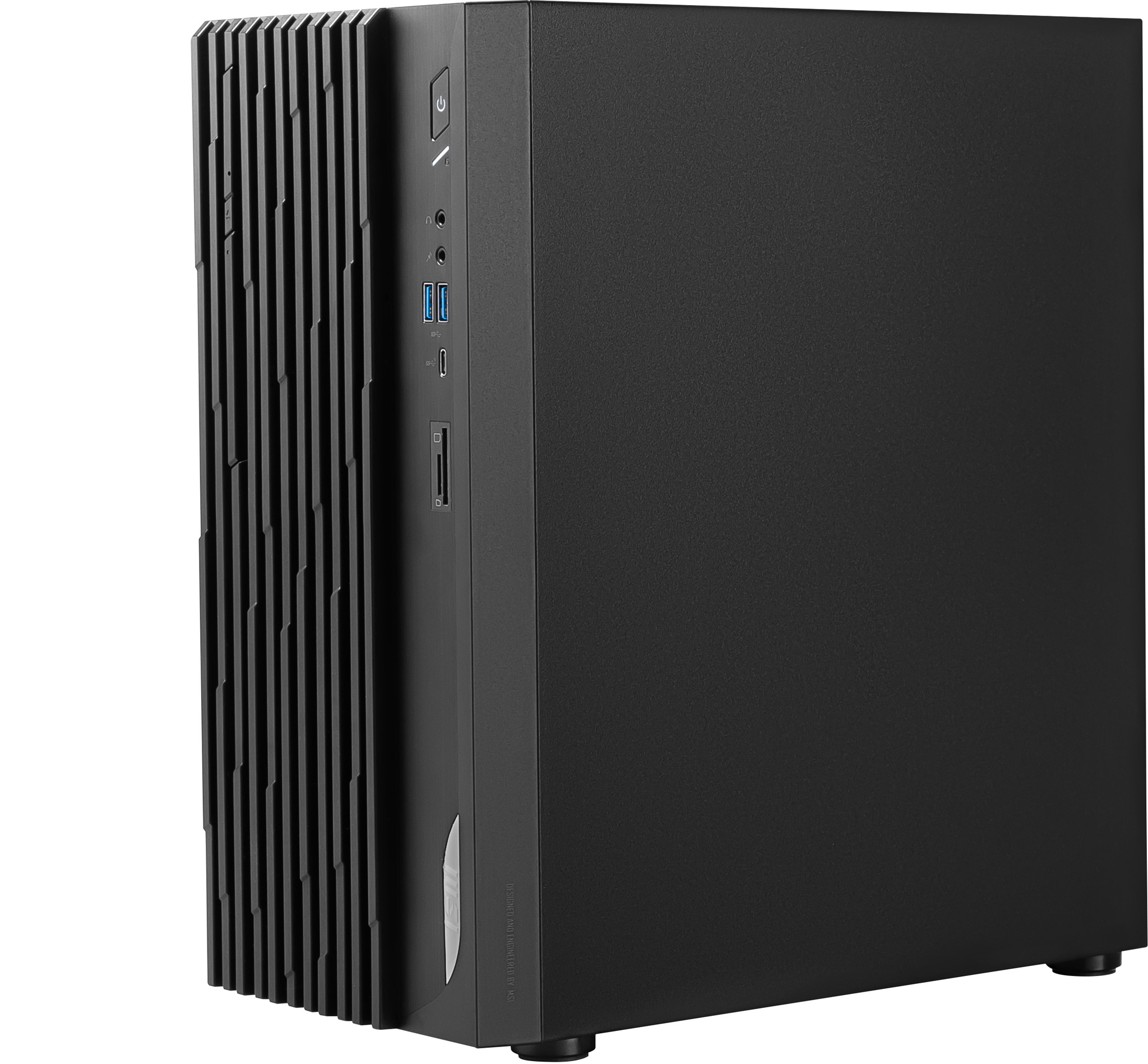 Case per computer nero con un design verticale. Ha porte e un pulsante di accensione sulla parte anteriore.