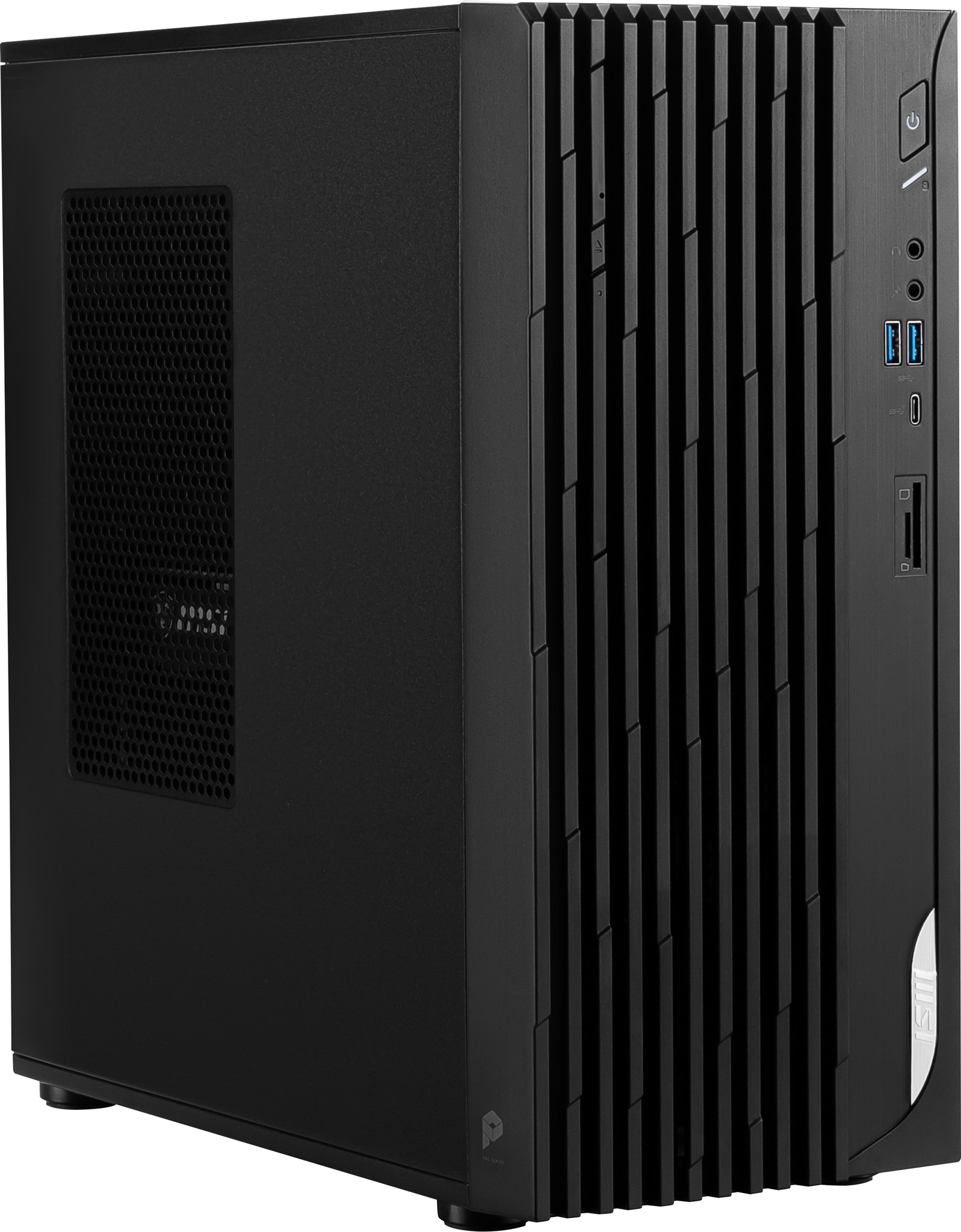 Case per computer desktop nero, vista laterale, con porte, ventole e pulsante di accensione.
