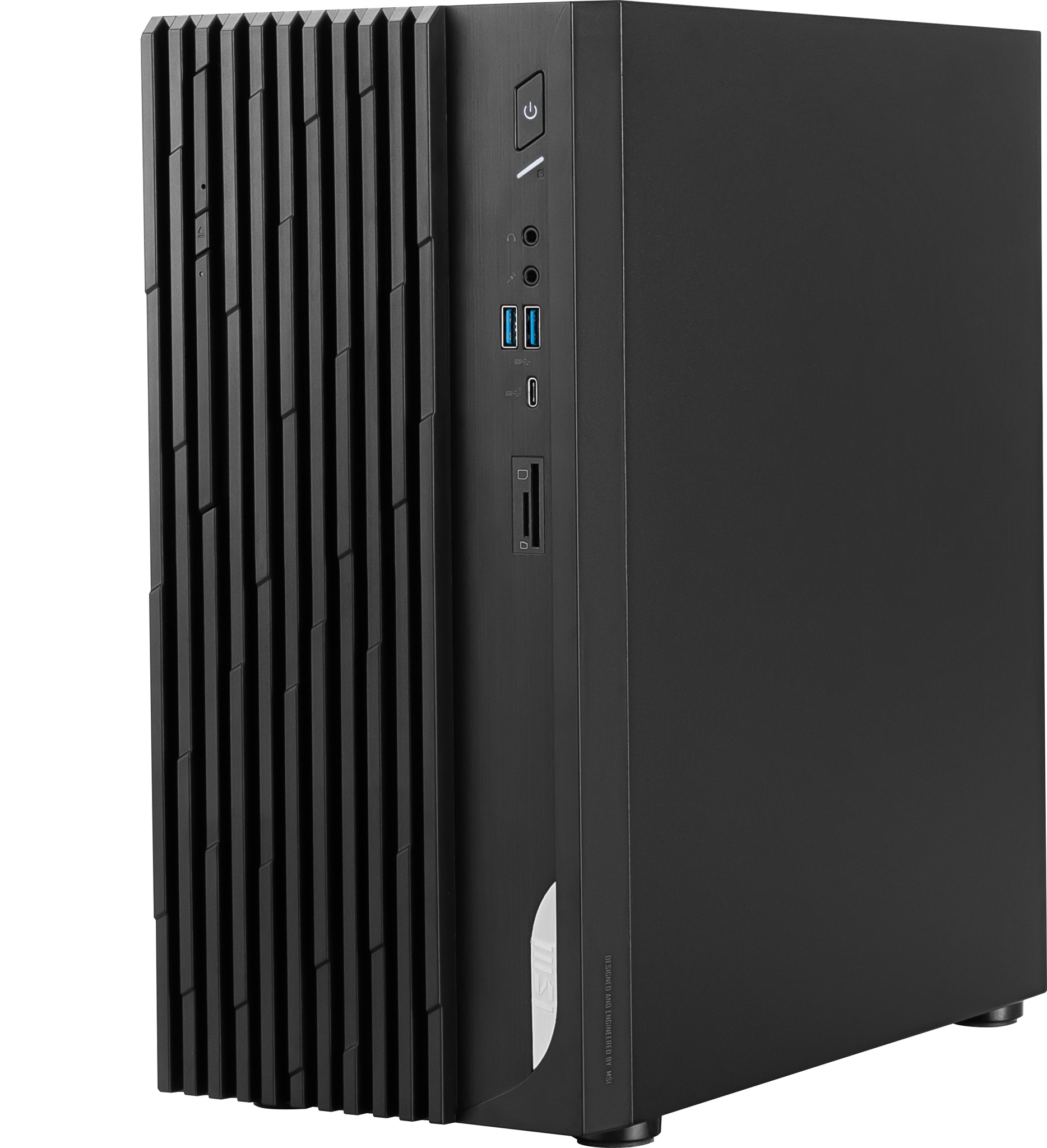 Case PC nero con linee verticali sulla parte anteriore. Ha pulsante di accensione e porte.