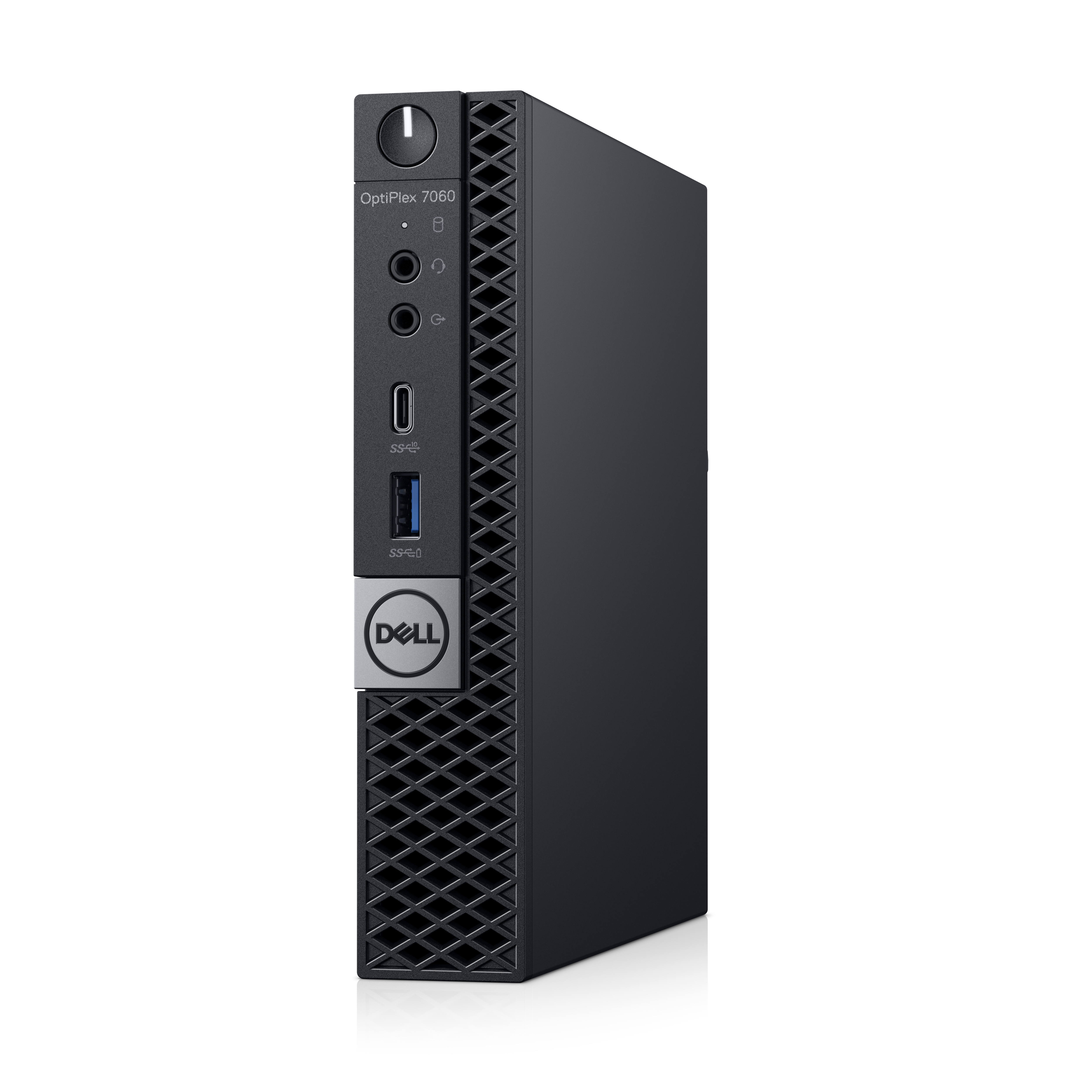 Black Dell OptiPlex 7060 mini PC. Includes ports, Dell logo, and OptiPlex 7060 label.