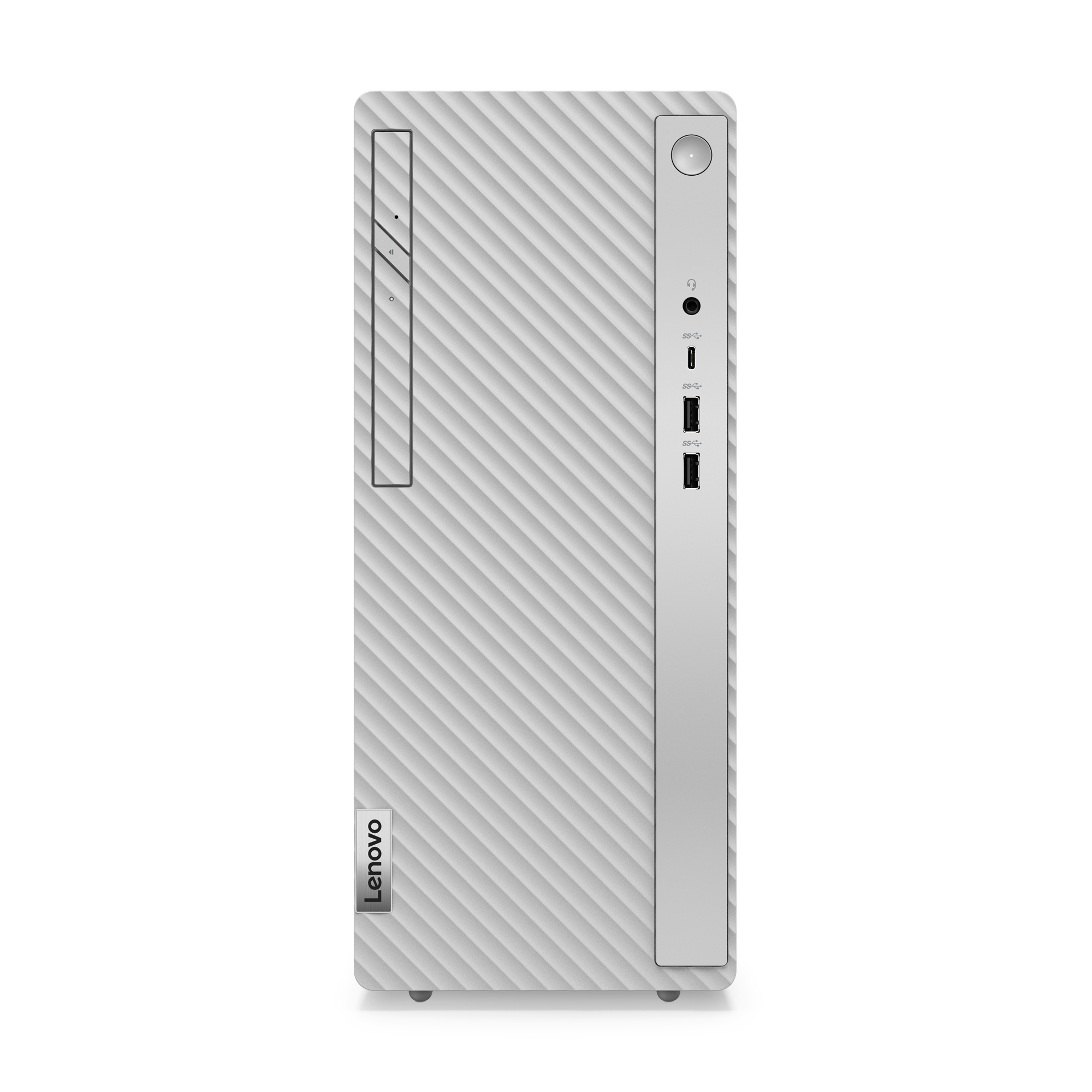 Computer desktop Lenovo bianco con pannello frontale strutturato. Presenta logo Lenovo e porte multiple.